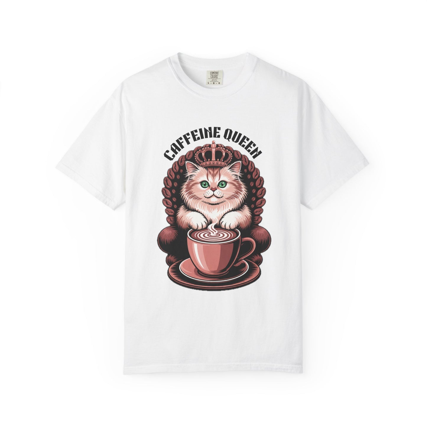 Cat Caffeine Queen T-shirt featuring a crowned cat with a coffee cup, perfect for cat and coffee lovers, blending playful design with comfort and style.