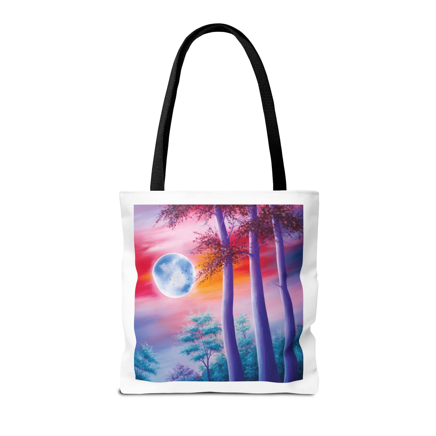 Moonlit Forest Tote Bag features an abstract painting with a mystical full moon, towering trees, and a dramatic sunset sky, perfect for art lovers seeking stylish, durable, everyday use.