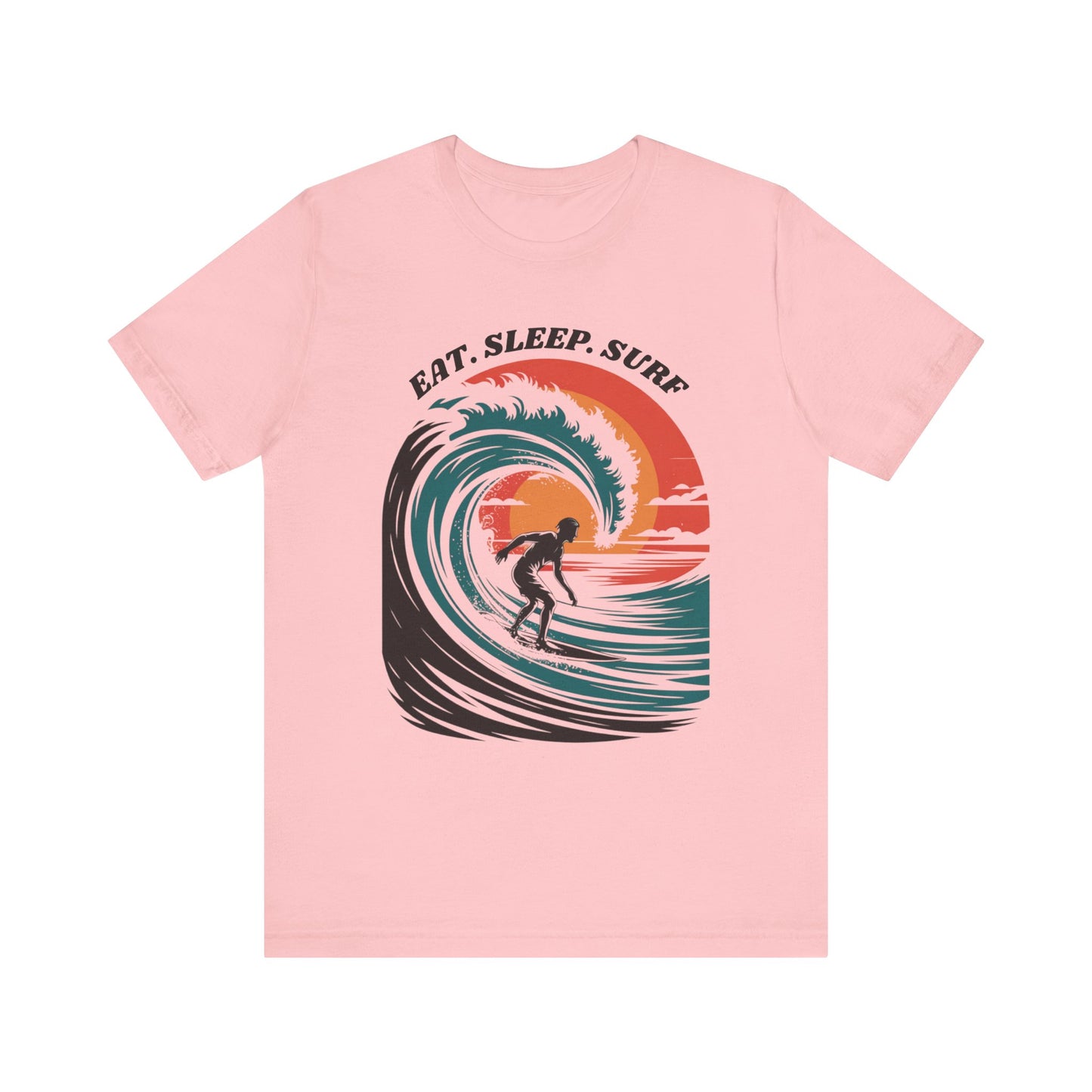 Surf Tee - Eat Sleep Surf Design featuring a graphic of a man surfing, capturing a beachy vibe ideal for casual wear, crafted from lightweight cotton by FireBrook Essentials.