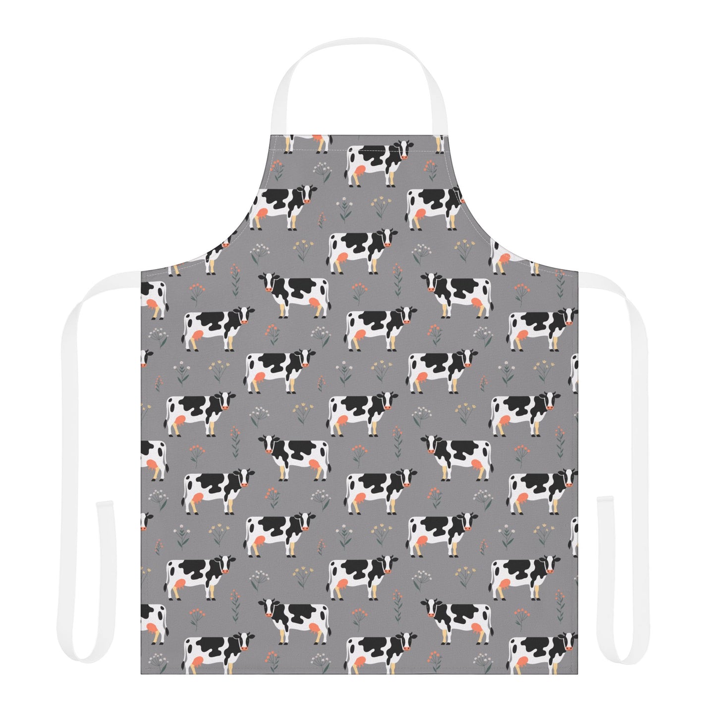 Apron Dairy Cows Pattern features a charming Holstein cow design, perfect for farm enthusiasts and home cooks. Made from soft polyester canvas, it offers comfort and style for kitchen and crafting activities.