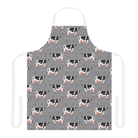 Apron Dairy Cows Pattern features a charming Holstein cow design, perfect for farm enthusiasts and home cooks. Made from soft polyester canvas, it offers comfort and style for kitchen and crafting activities.