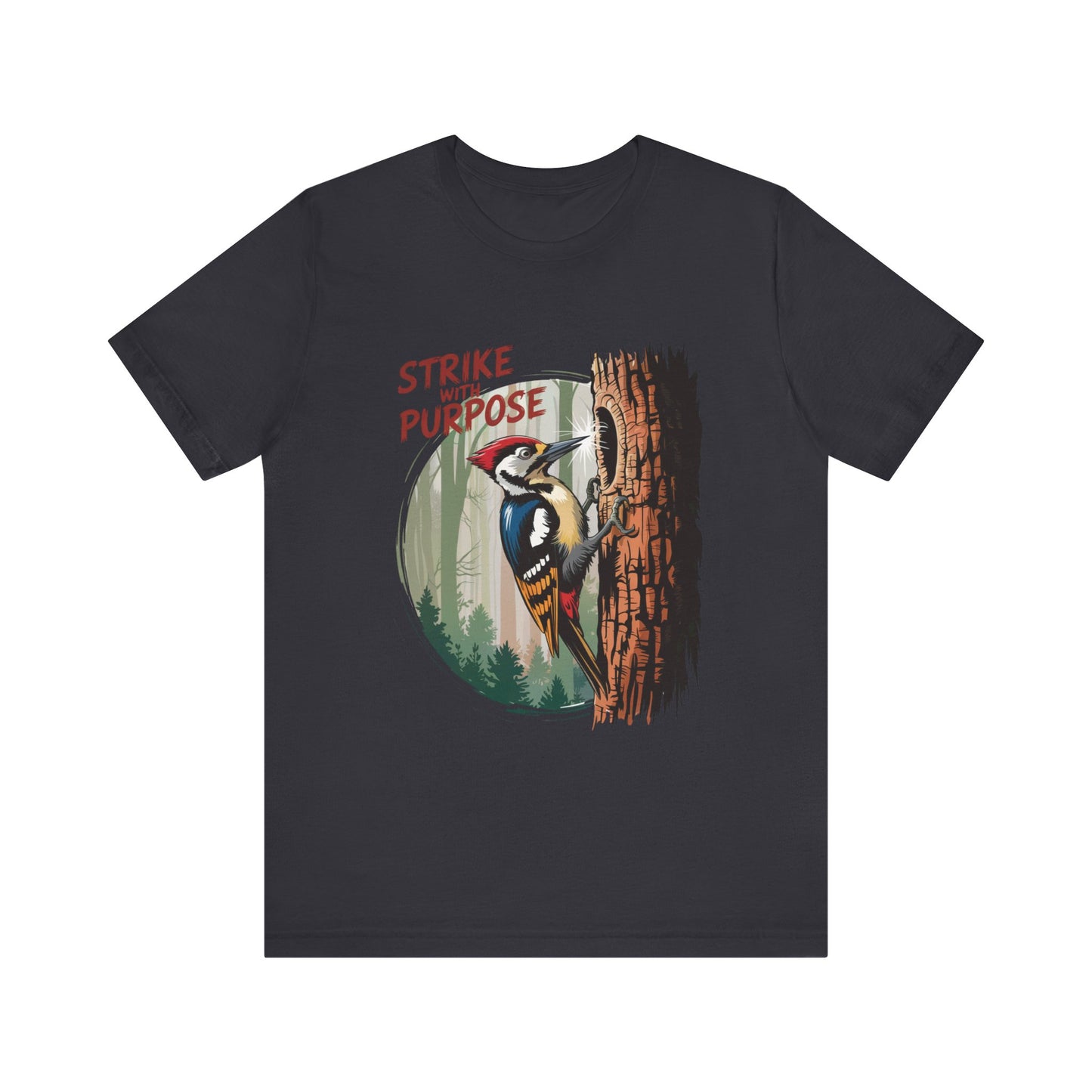 Woodpecker: Strike with a Purpose Bella+Canvas Unisex T-Shirt displaying a vibrant woodpecker graphic, symbolizing motivation. Ideal for nature lovers and casual wear from FireBrook Essentials.