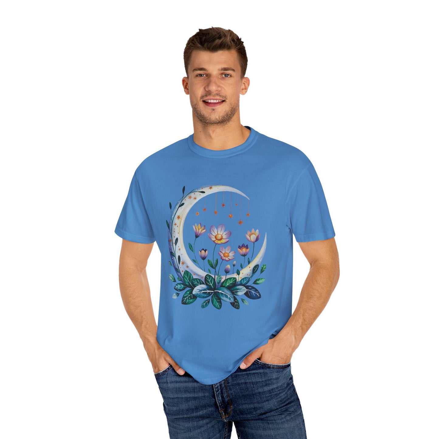 Crescent Moon Floral T-Shirt showcasing a bohemian design, ideal for nature lovers. Features double-needle stitching, garment-dyed fabric, and a relaxed fit, embodying FireBrook Essentials' stylish and comfortable ethos.