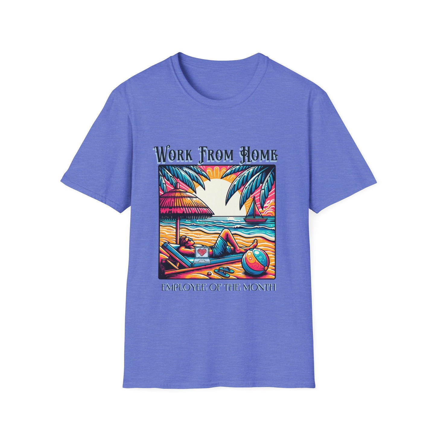 Work From Home Employee T-Shirt featuring a beach-themed illustration, perfect for remote workers seeking a humorous and casual style. Ideal for celebrating home office achievements.