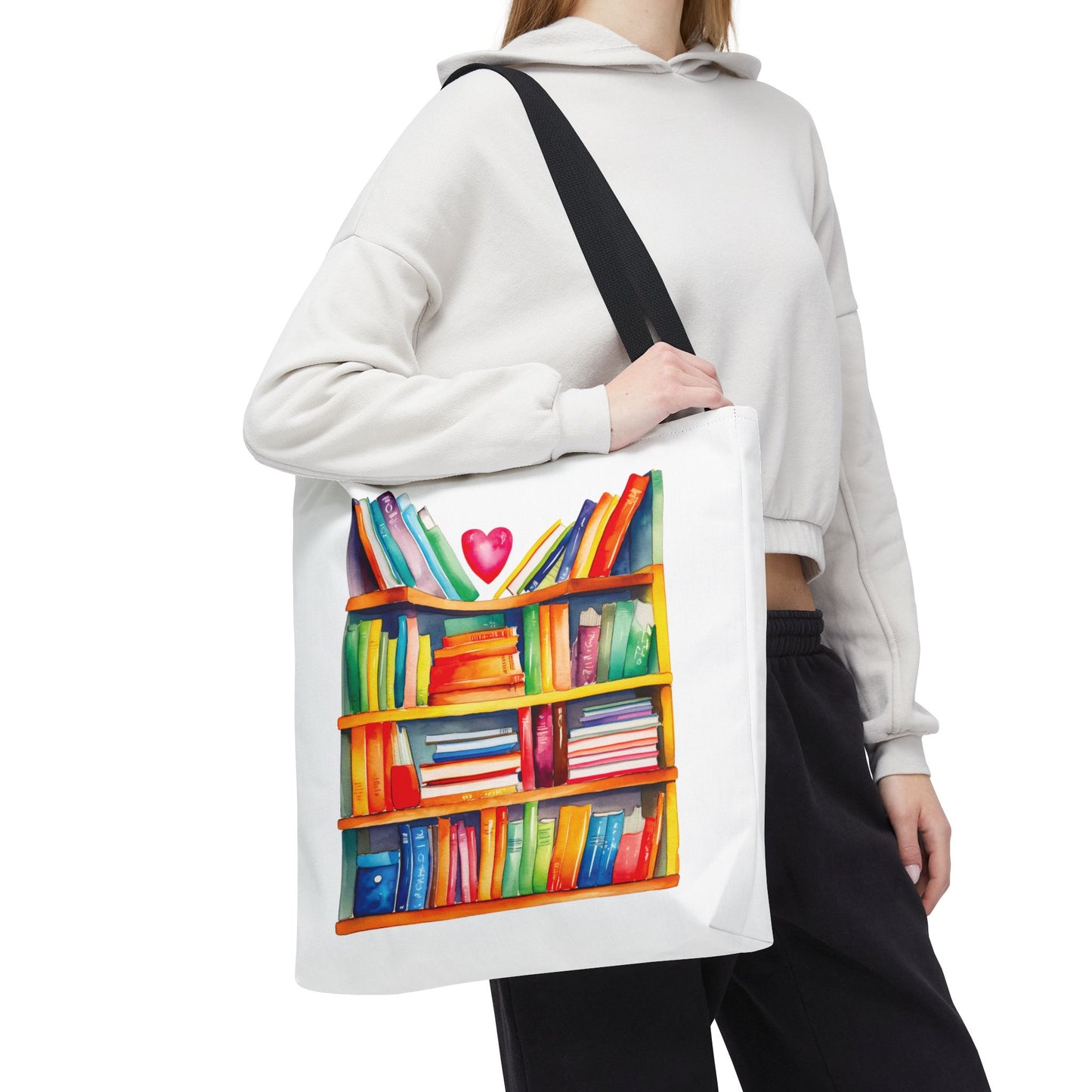 Books Tote Bag - 100% Spun Polyester, featuring a vibrant bookshelf design, held by a woman. Durable and perfect for book lovers and daily use.