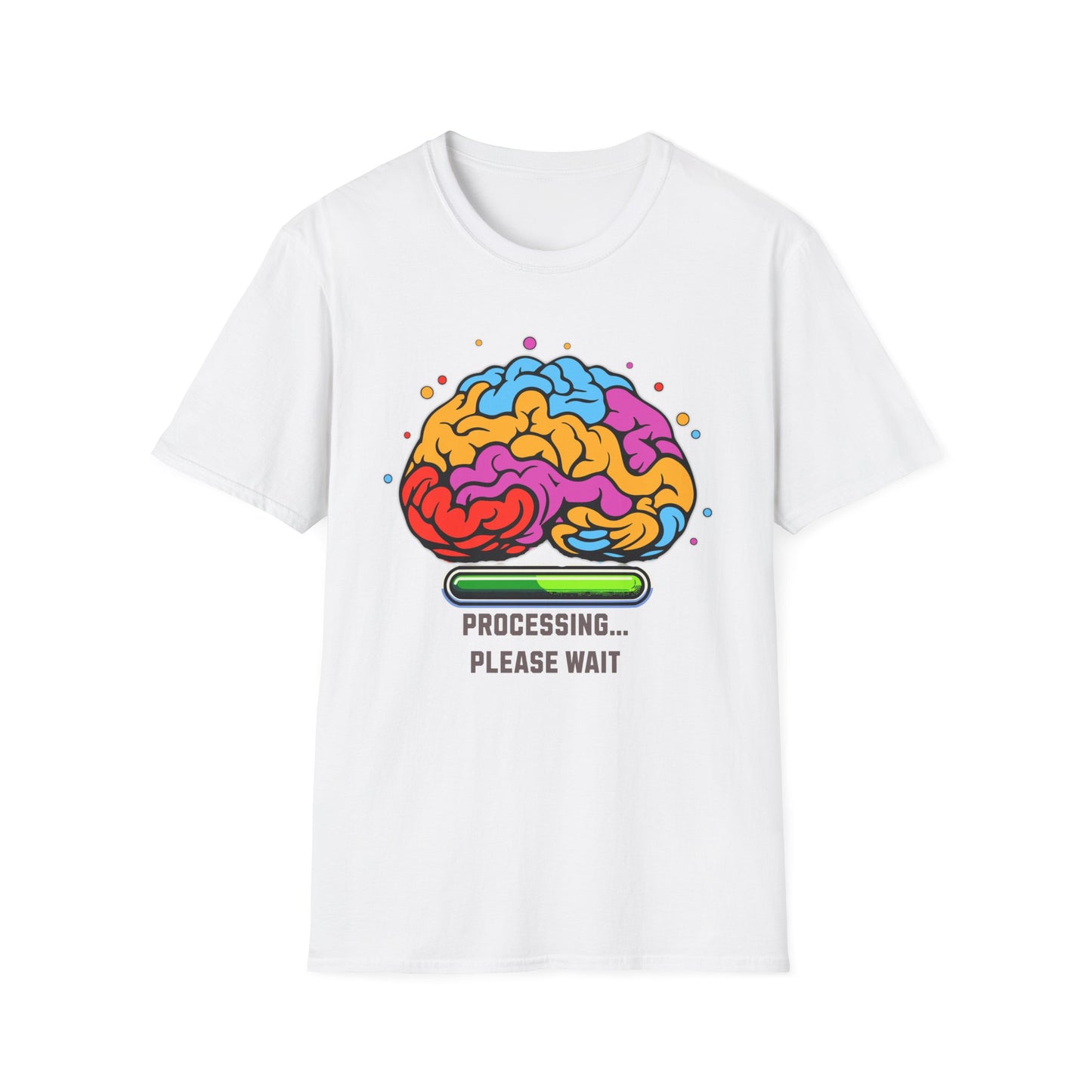 Brain Processing Gildan Unisex T-Shirt featuring a vibrant, colorful brain graphic on a soft white fabric, embodying unique style and comfort for casual wear.