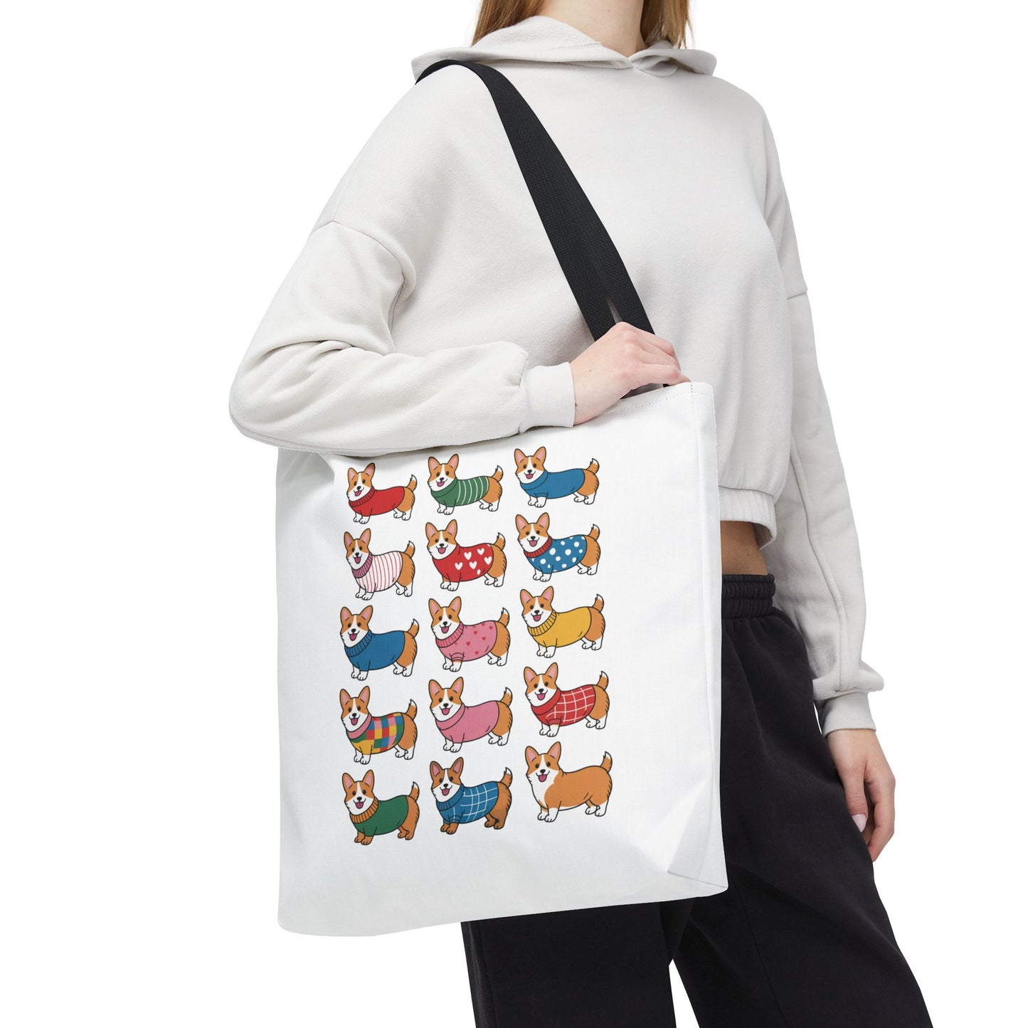 Cheerful Corgi Cartoon Style Dog Lover Tote Bag features adorable corgis in colorful outfits, designed for dog enthusiasts. Made from durable polyester, this whimsical accessory is perfect for everyday use.