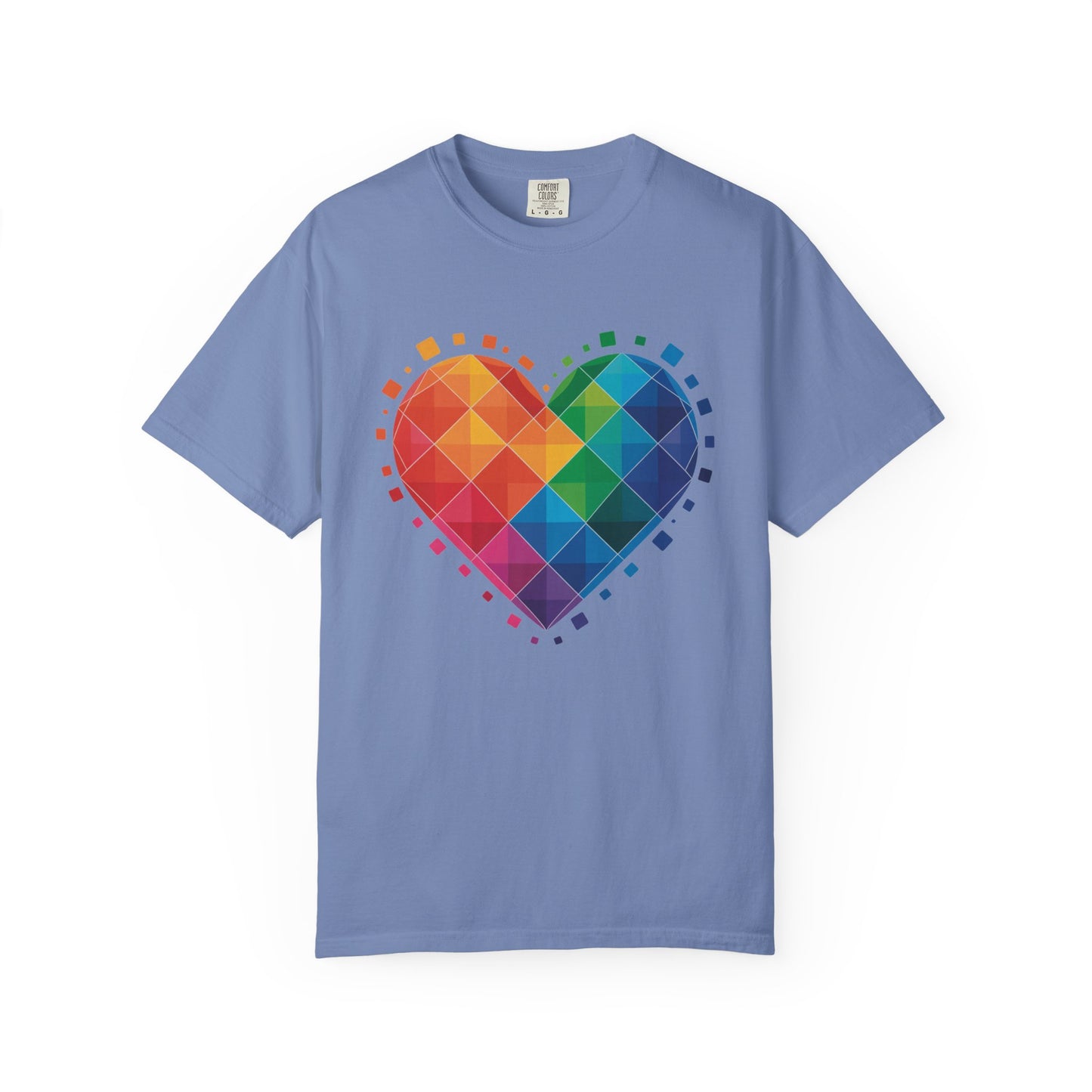 Rainbow Geometric Heart T-Shirt with a dynamic, layered design of translucent squares in a heart shape, ideal for casual wear or special occasions, reflecting FireBrook Essentials' commitment to positivity and style.