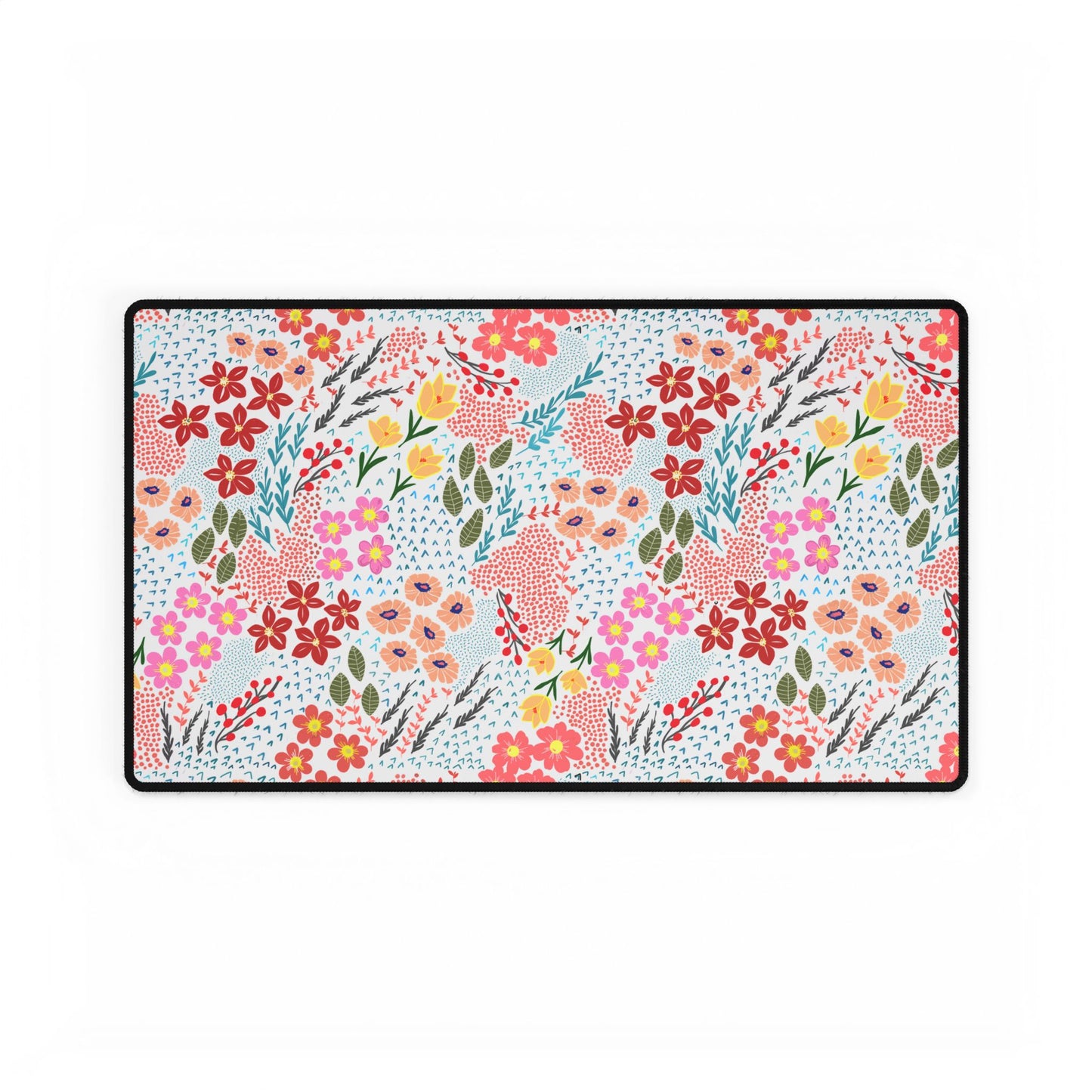 Garden Floral Pattern Desk Mat with hand-drawn-style floral design featuring vibrant red, pink, and yellow flowers. Ideal for enhancing workspaces, this mat offers elegance and a smooth surface for effortless mouse use.