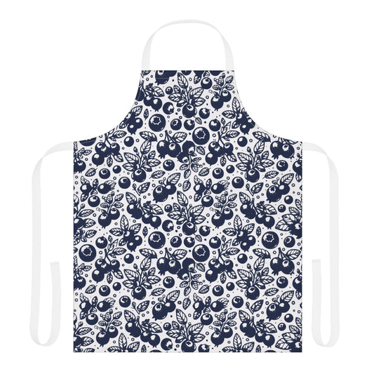 Blueberries Apron from FireBrook Essentials features a vibrant blueberry pattern, perfect for cooking or crafting. Made of stain-free polyester canvas, it combines style and practicality for joyful, messy activities.
