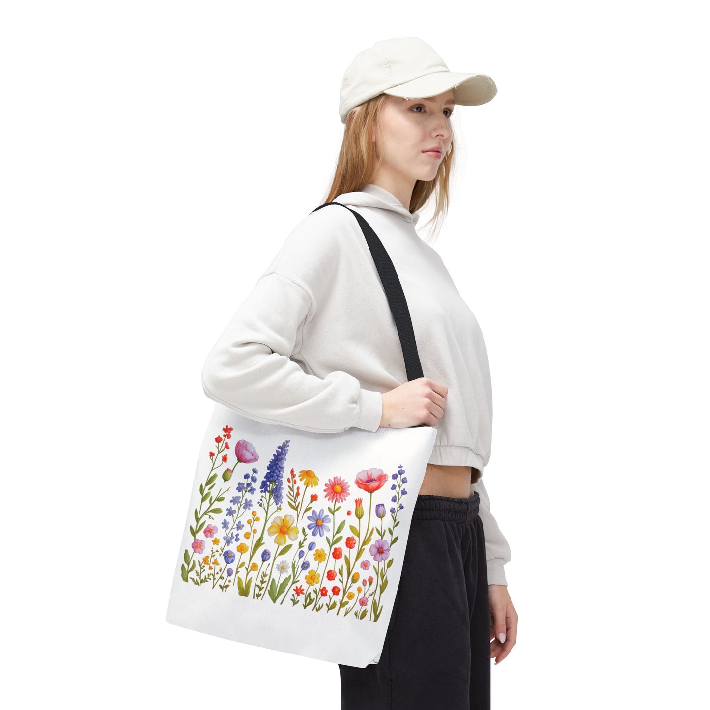 Wildflowers Tote Bag showcasing a vibrant wildflower design, ideal for nature enthusiasts. Durable polyester with reinforced handles, perfect for daily errands or leisure outings, embodying FireBrook Essentials' stylish and joyful ethos.