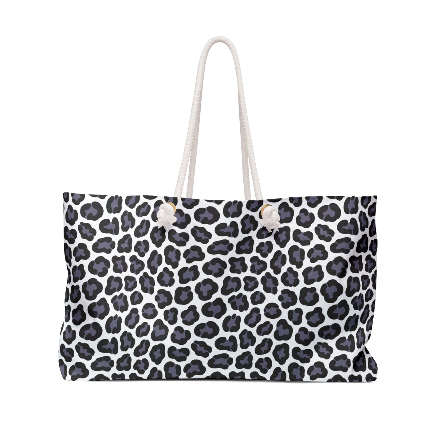 Weekender Bag - Gray Cheetah Print Duffle Bag, featuring a chic black and white spotted pattern with durable rope handles, ideal for stylish, comfortable travel adventures.
