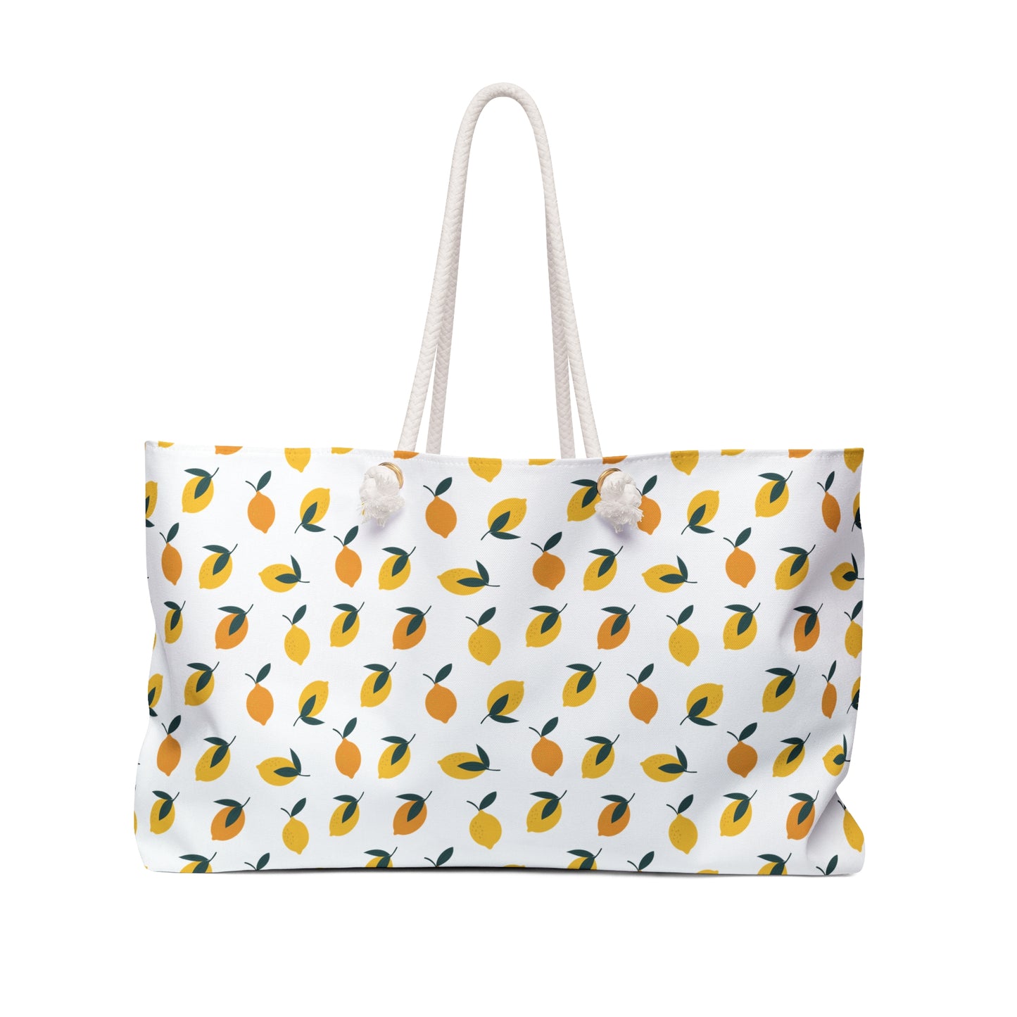 Lemon Print Weekender Bag - A vibrant tote with a playful lemon design, ideal for beach trips or gym visits. Spacious and functional, it embodies FireBrook Designs' ethos of style and positivity.