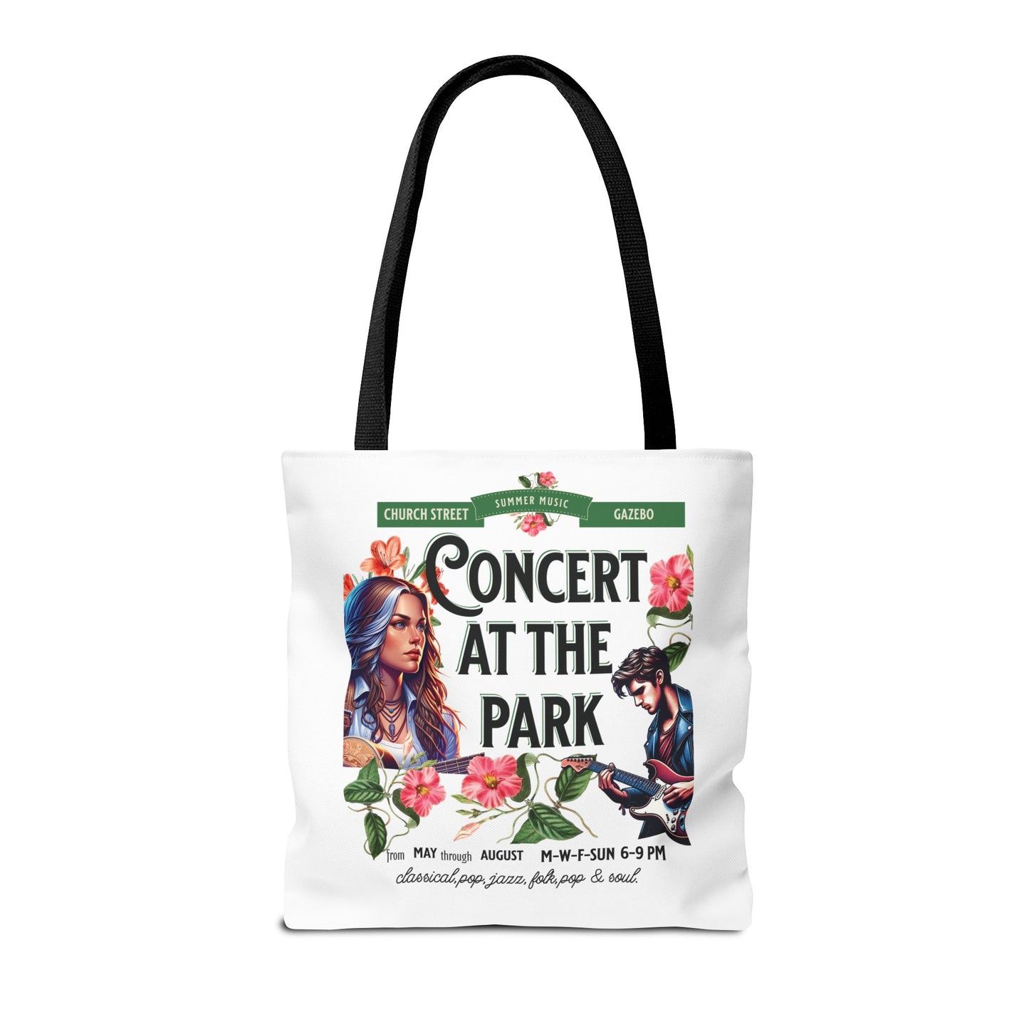 Concert At the Park Tote Bag featuring a design of a woman and man playing guitars, ideal for music lovers and outdoor enthusiasts. Perfect for daily use.
