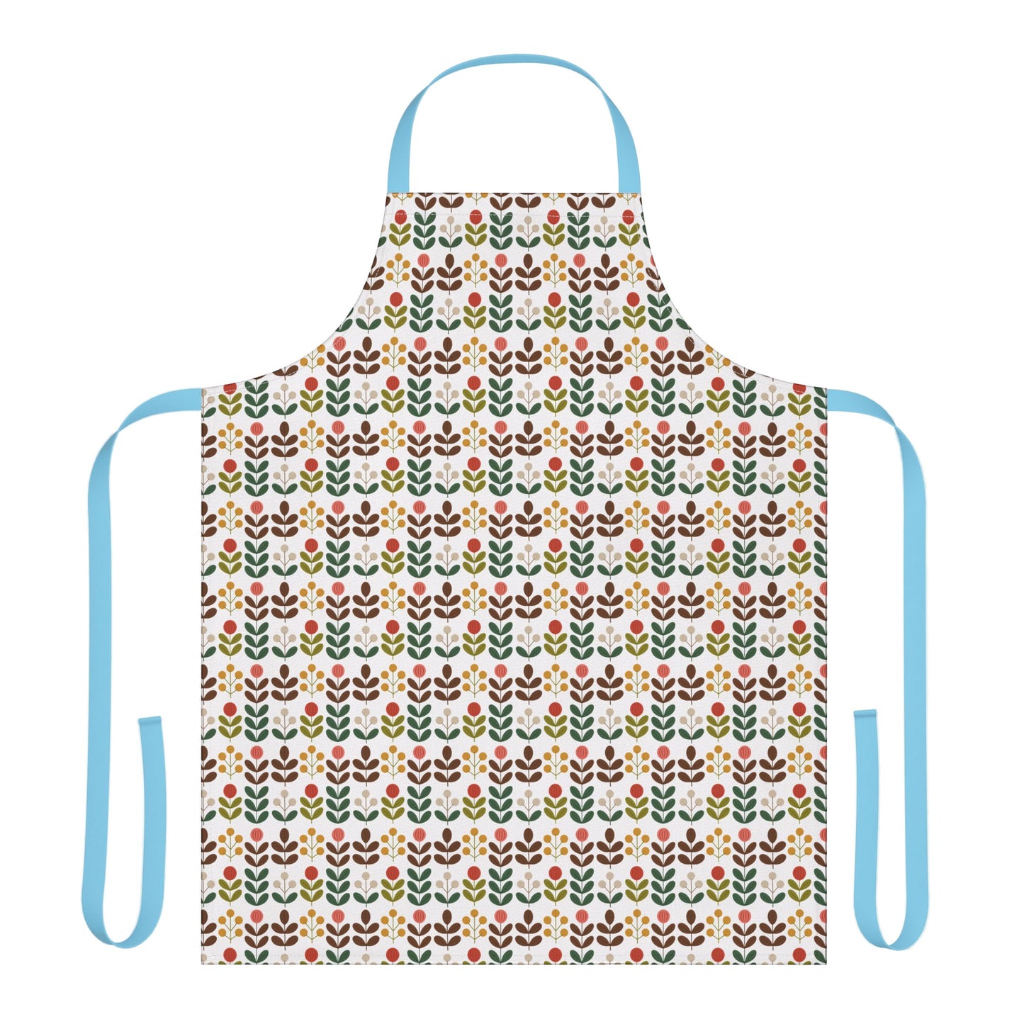 Flower Pattern Apron featuring a vibrant floral design with blue straps, ideal for creative cooks or artists. Crafted from polyester canvas for comfort, it adds a cheerful touch to kitchens or studios.