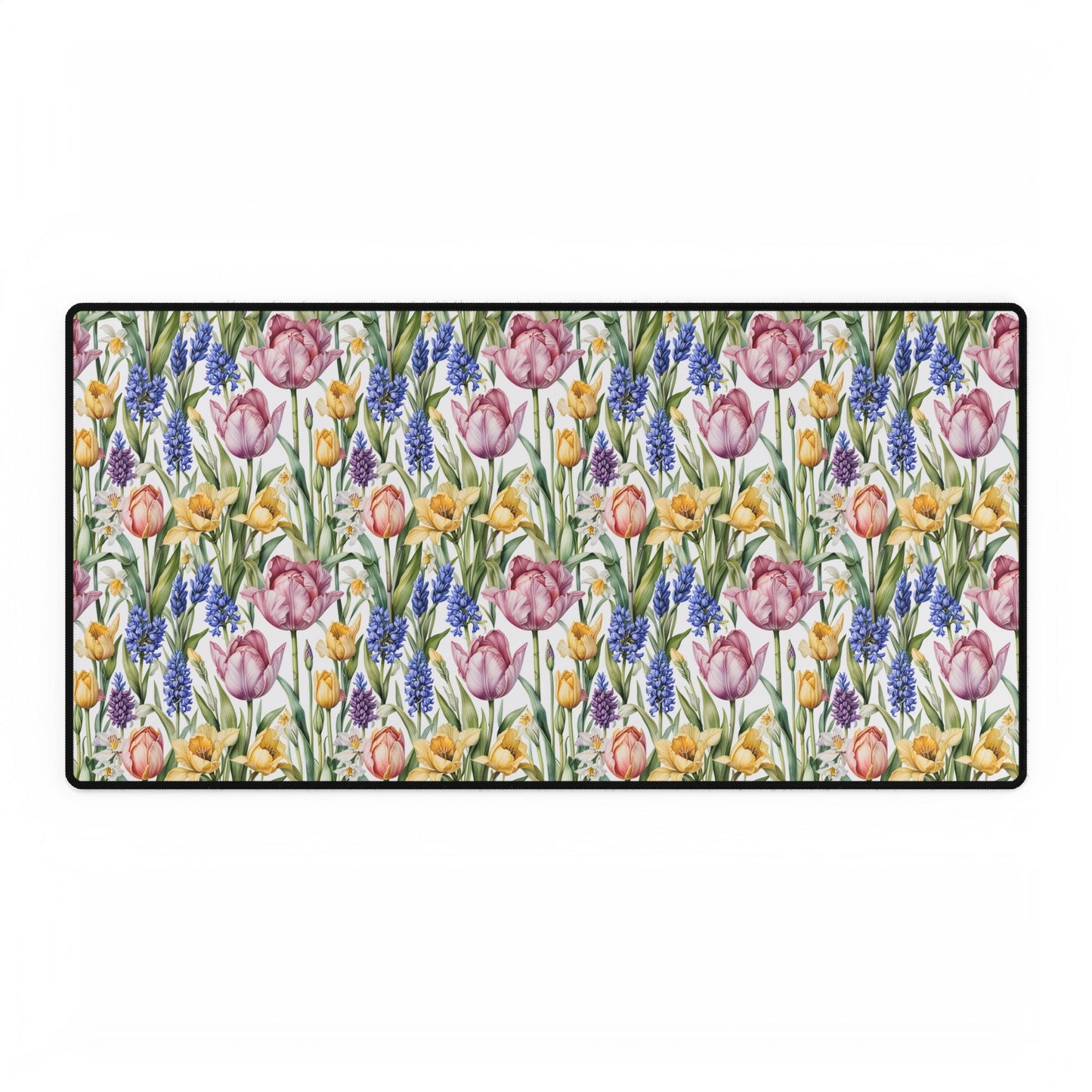 Desk Mat - Spring Garden Tulips Daffodils Hyacinths, featuring a vibrant floral motif on a rectangular mat, ideal for enhancing workspace serenity and joy.
