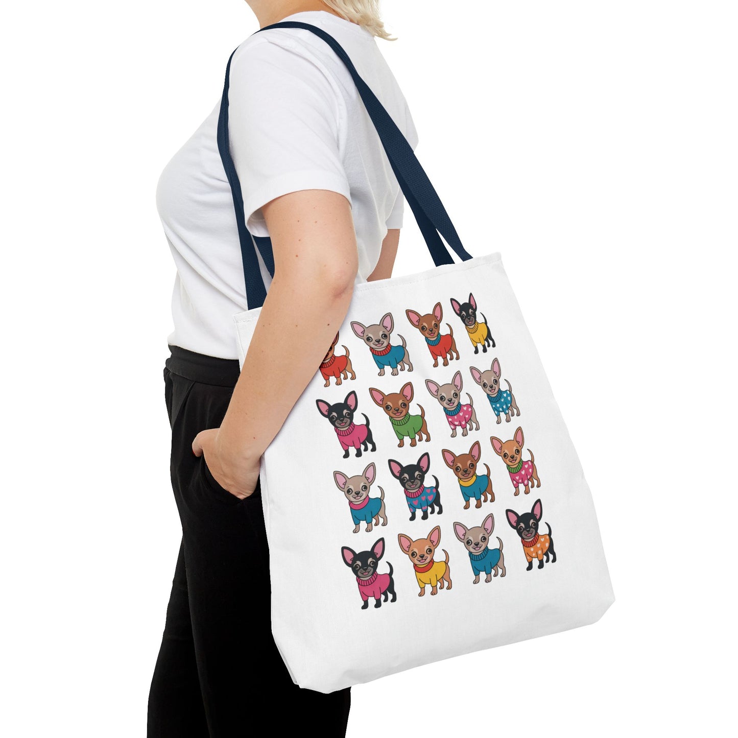 Chihuahua with Wardrobe Portraits Tote Bag showcasing cute chihuahua illustrations in various outfits, perfect for dog lovers. Durable design with reinforced handles, available in three sizes, ideal for errands or gifting.
