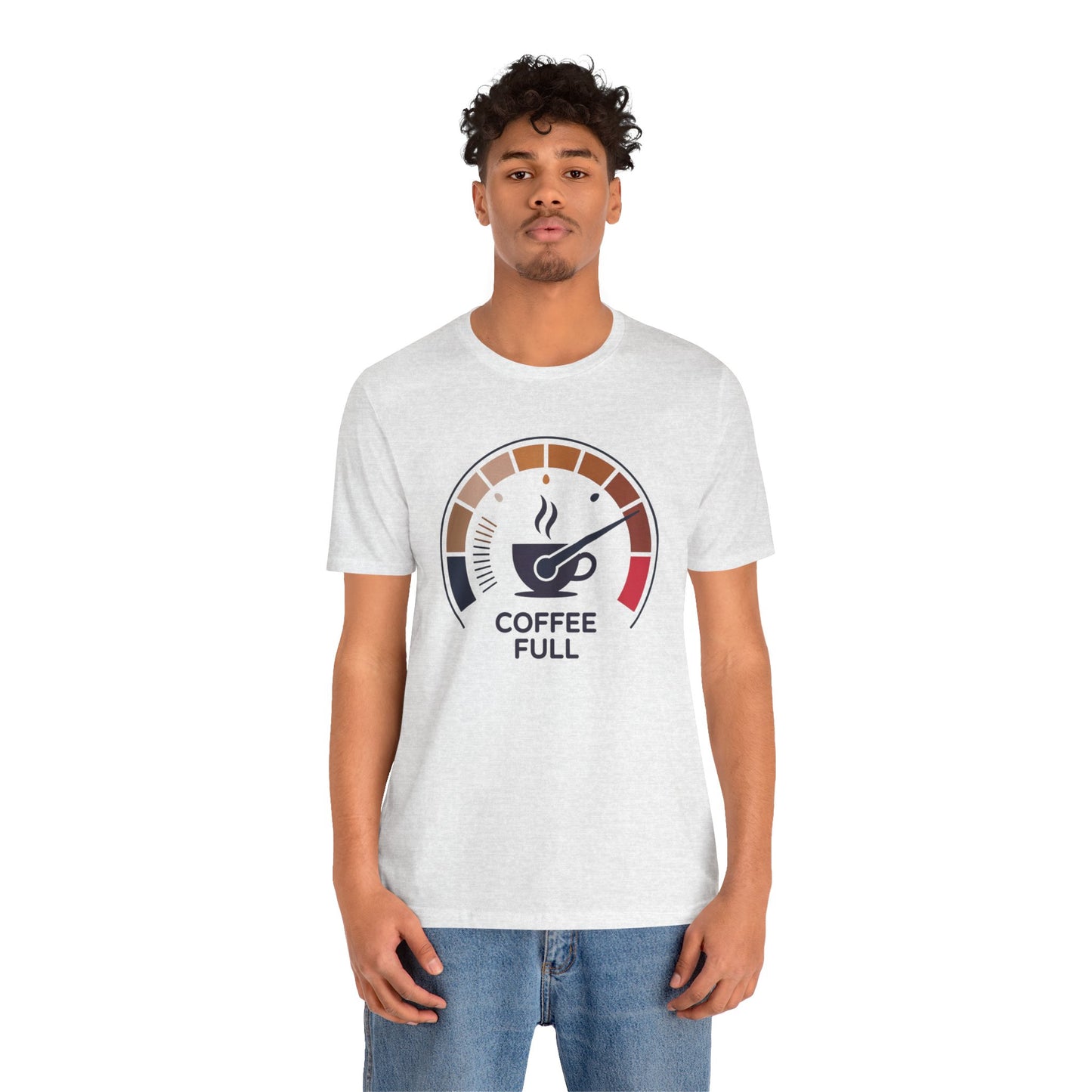 Coffee Full Bella+Canvas Unisex T-Shirt, worn by a man, showcases a stylish design ideal for coffee enthusiasts, blending comfort with an uplifting message, aligning with FireBrook Essentials' positive ethos.