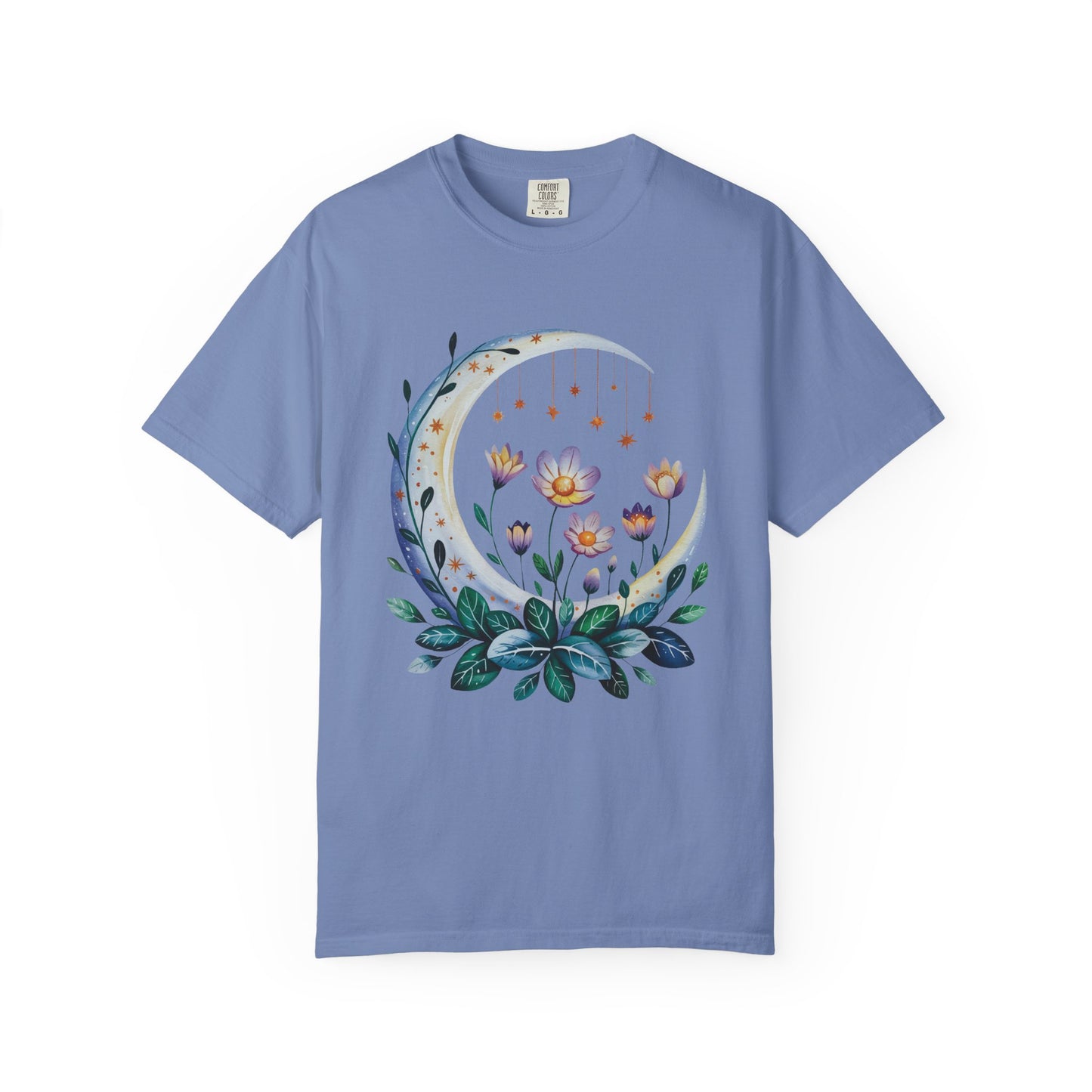 Crescent Moon Floral T-Shirt with bohemian design, showcasing delicate floral patterns, ideal for nature lovers. Relaxed fit, perfect for casual wear or special gatherings, embodying FireBrook Essentials' joyful and uplifting style.