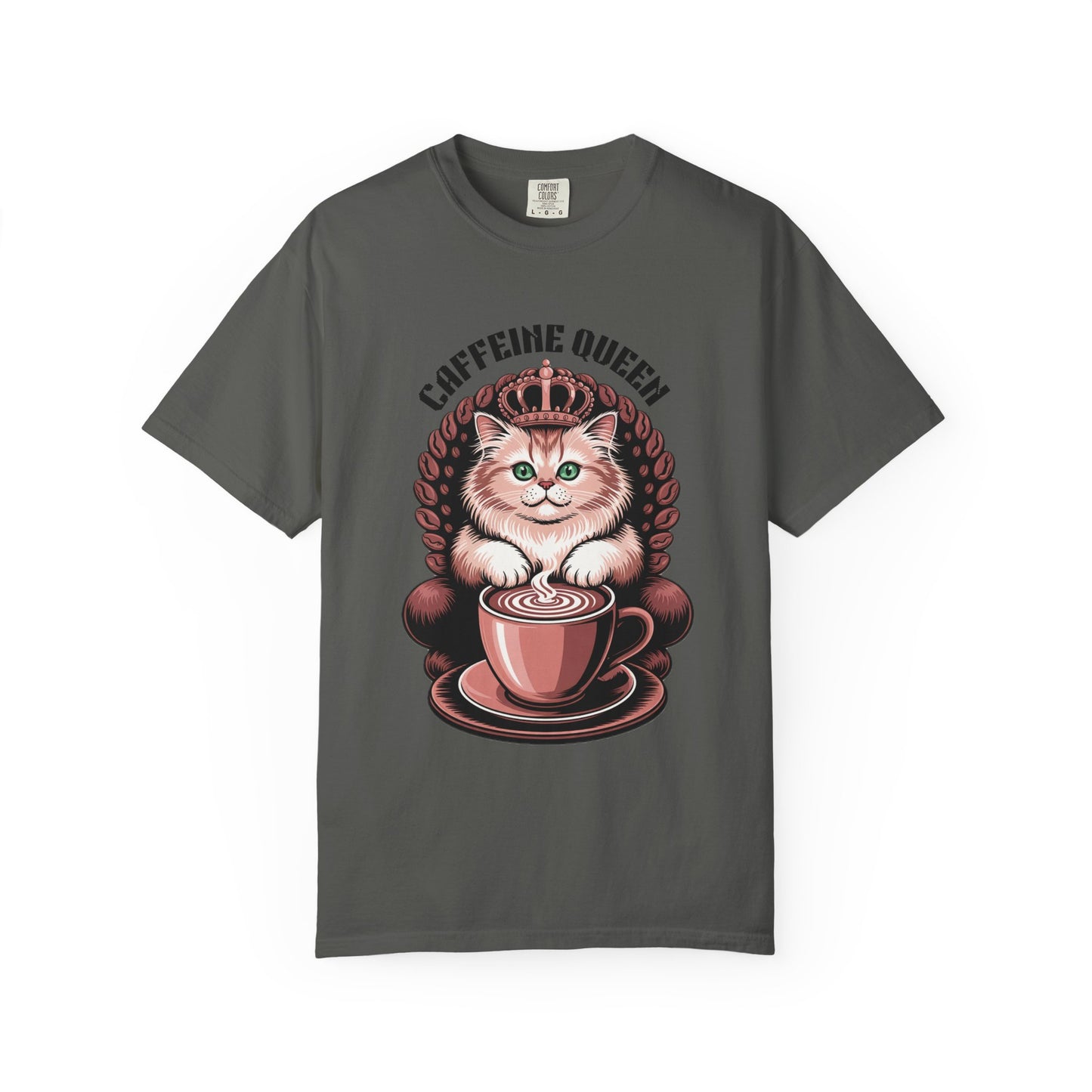 Cat Caffeine Queen T-shirt featuring a cartoon cat with a crown and coffee cup, ideal for cat and coffee lovers. A playful, stylish piece from FireBrook Essentials for casual wear.