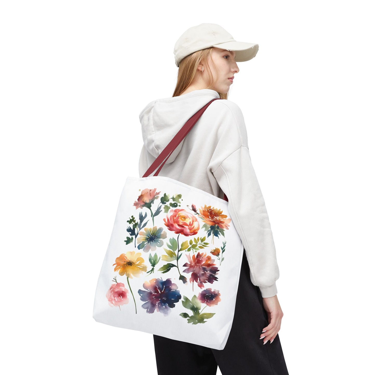 Watercolor Floral Tote Bag: A stylish, durable tote featuring a vibrant floral print, perfect for daily use and embodying FireBrook Essentials' uplifting design spirit.