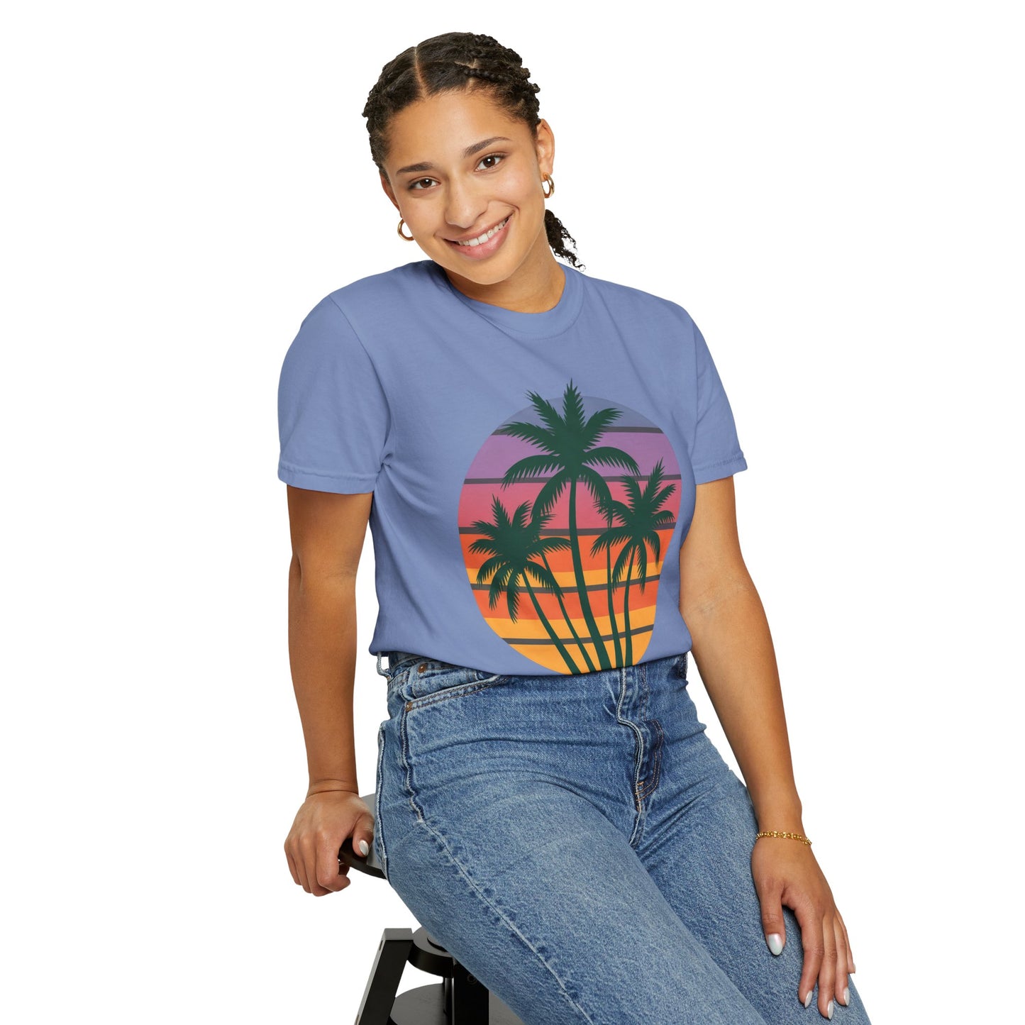 Palm Tree Sunset T-shirt showcasing a vibrant silhouette of palm trees against a sunset sky, embodying a tropical, relaxed vibe. Perfect for casual outings, vacations, and summer events, from FireBrook Essentials.