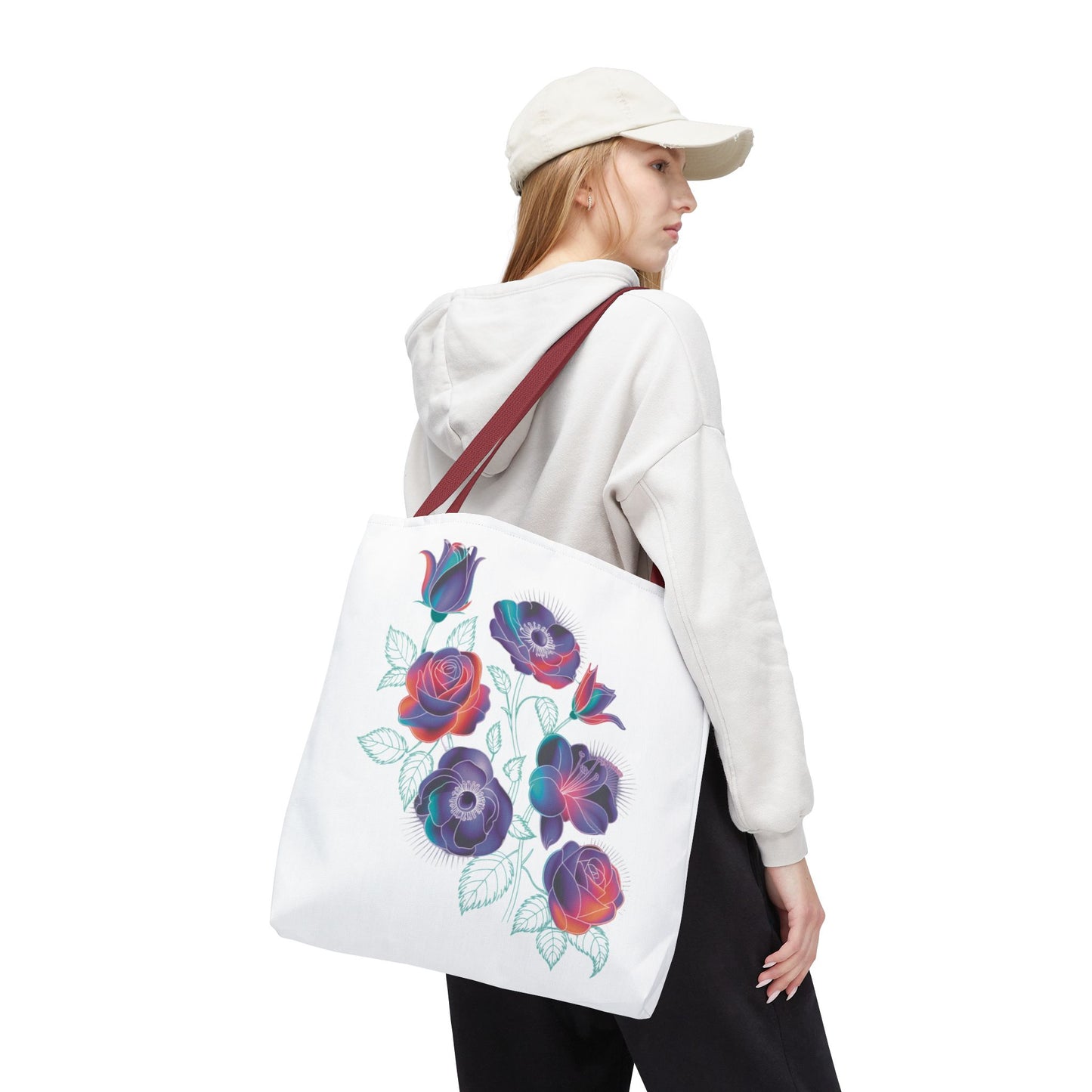Vibrant Rose, Anemone, Lily Silhouettes Neon Floral Tote Bag showcases neon floral silhouettes against dark gray, embodying FireBrook Essentials' uplifting style. Durable polyester with reinforced handles ensures practicality and charm.