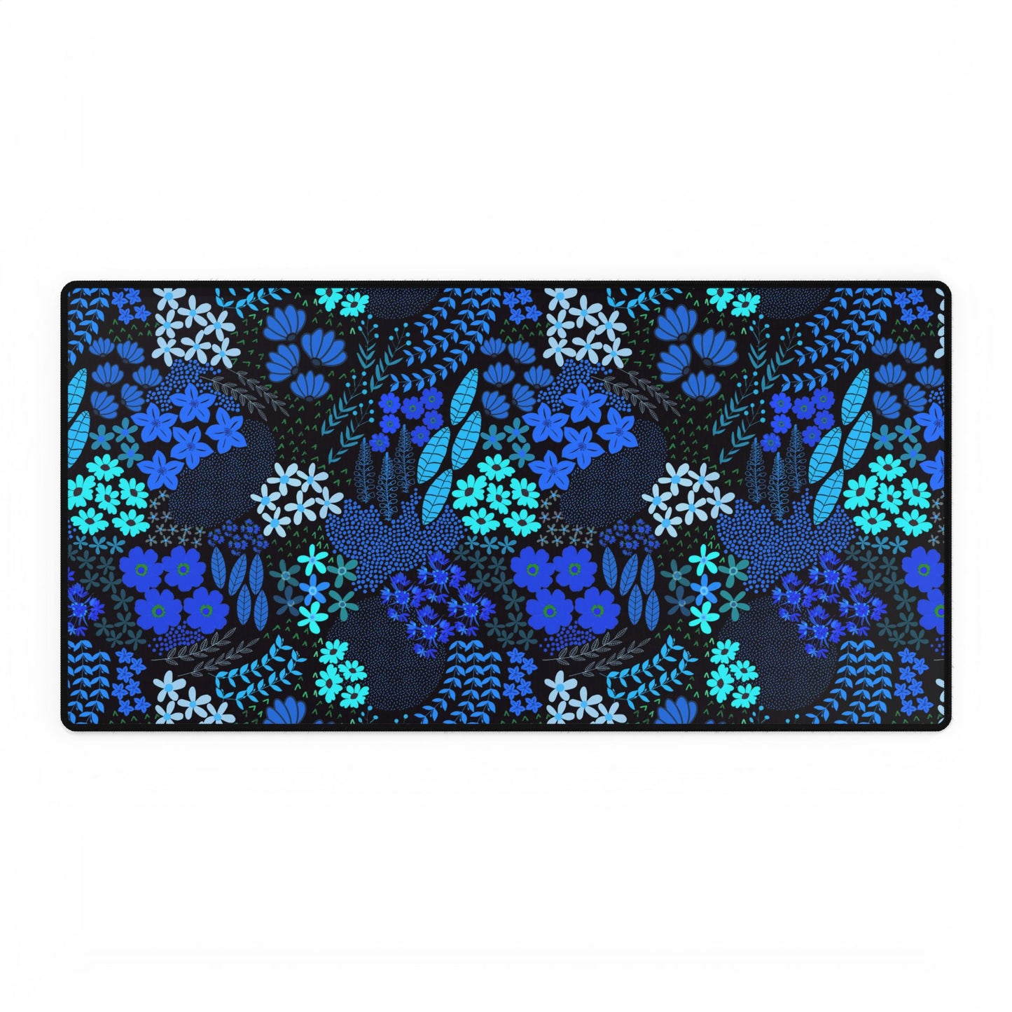 Blue Floral Desk Mat with a stitched black border, featuring hand-drawn florals and elements in blue and turquoise on a dark background, offering elegance and smooth mouse gliding for a joyful workspace.