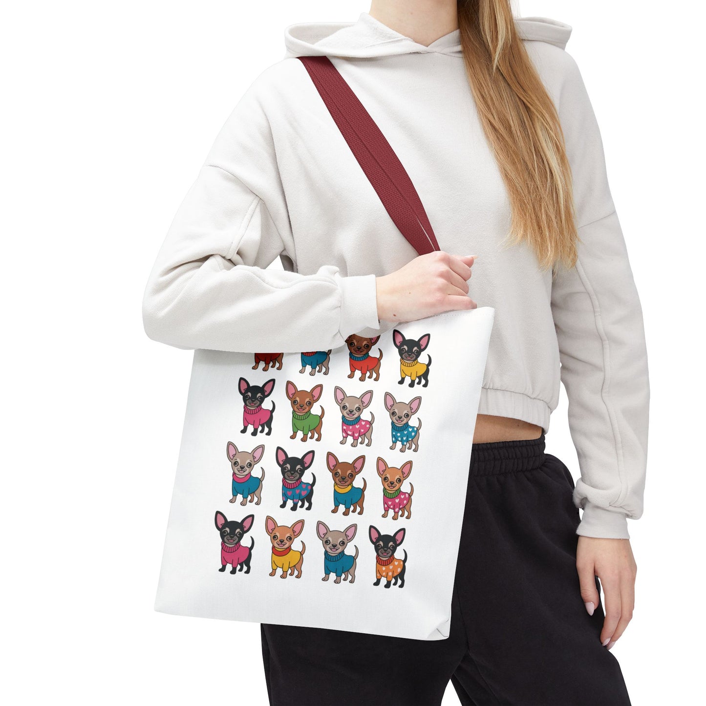 Chihuahua with Wardrobe Portraits Tote Bag from FireBrook Essentials, showcasing playful chihuahua illustrations in various outfits. Durable polyester body, reinforced handles, ideal for dog lovers seeking unique, joyful designs.