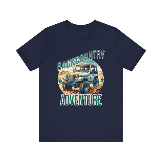 Backcountry Adventure Bella+Canvas Unisex T-Shirt featuring a jeep graphic, designed for outdoor enthusiasts. Lightweight, retail fit, suitable for active or casual wear from FireBrook Essentials.