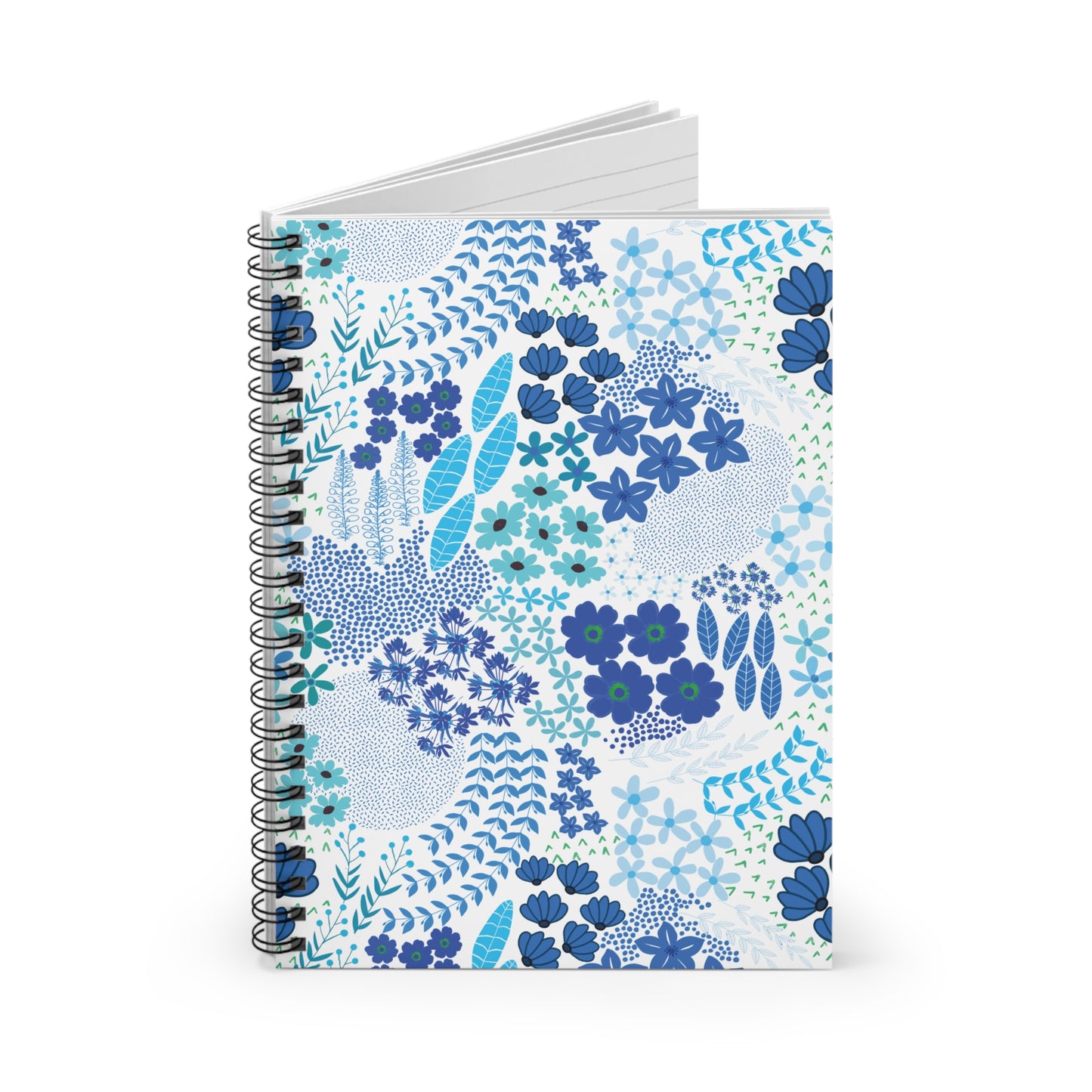 Floral Blue Motif Spiral Notebook with vibrant blue floral design on a white cover, featuring durable black coil binding. Ideal for creative jotting and organizing, reflecting FireBrook Designs' uplifting and stylish ethos.