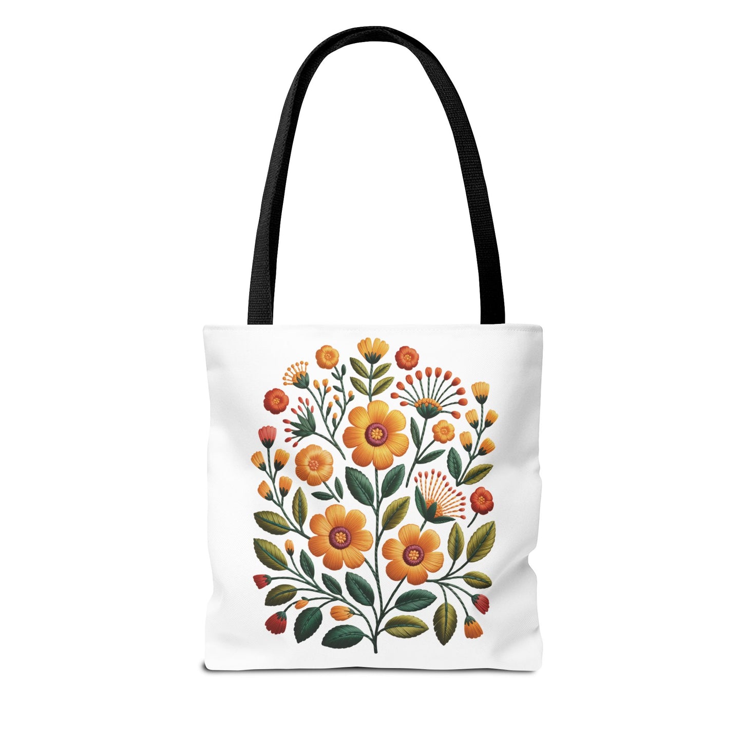 Folk Art Floral Faux Embroidery Style Tote Bag showcasing a vibrant floral design with mustard yellow and earth tones, ideal for everyday use and perfect for nature lovers and art enthusiasts.