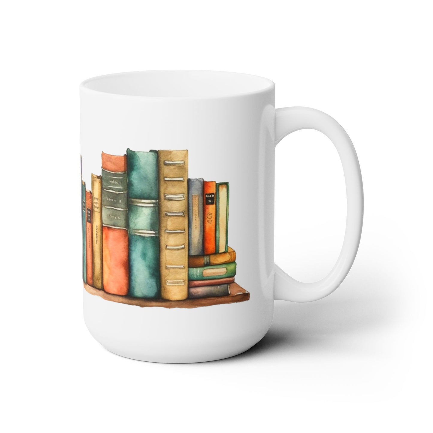 Books Ceramic 15 oz Coffee Mug, ideal for book lovers, educators, and students, showcases a captivating book design, offering a comfortable grip and vibrant colors, perfect for enjoying your favorite hot or cold beverages.
