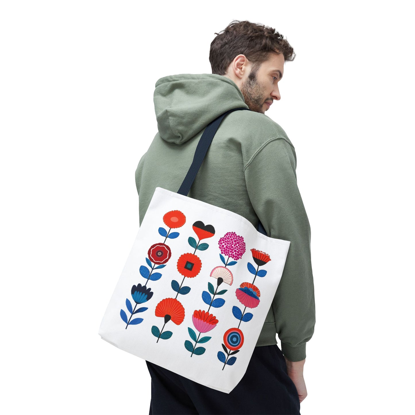 Floral Pattern Tote Bag worn by a person, showcasing colorful flower designs on a white background, ideal for stylish and functional daily use.