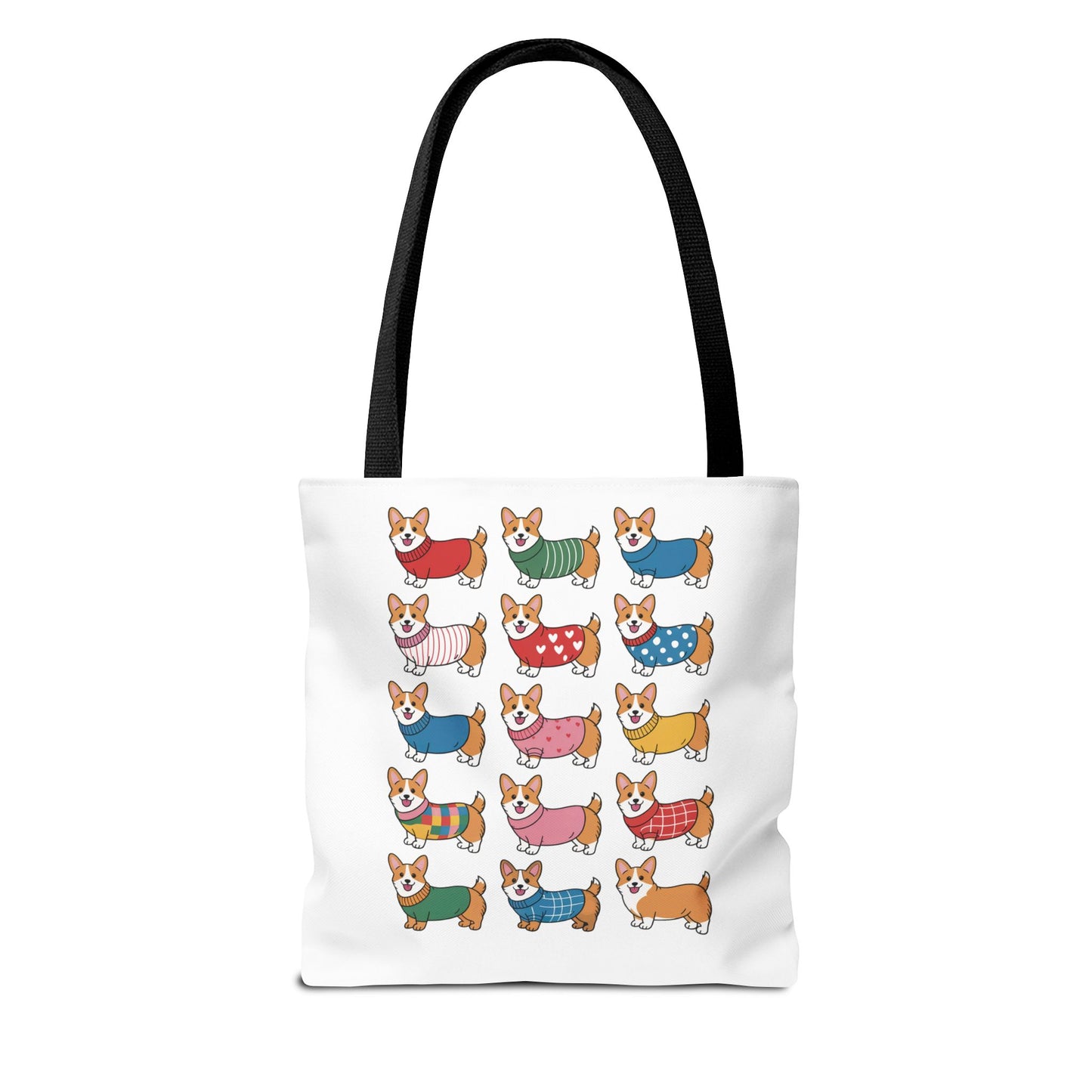 Cheerful Corgi Cartoon Style Dog Lover Tote Bag showcases whimsical corgi illustrations in colorful outfits, ideal for dog enthusiasts. Durable polyester design, perfect for daily use, aligns with FireBrook Essentials' joyful ethos.