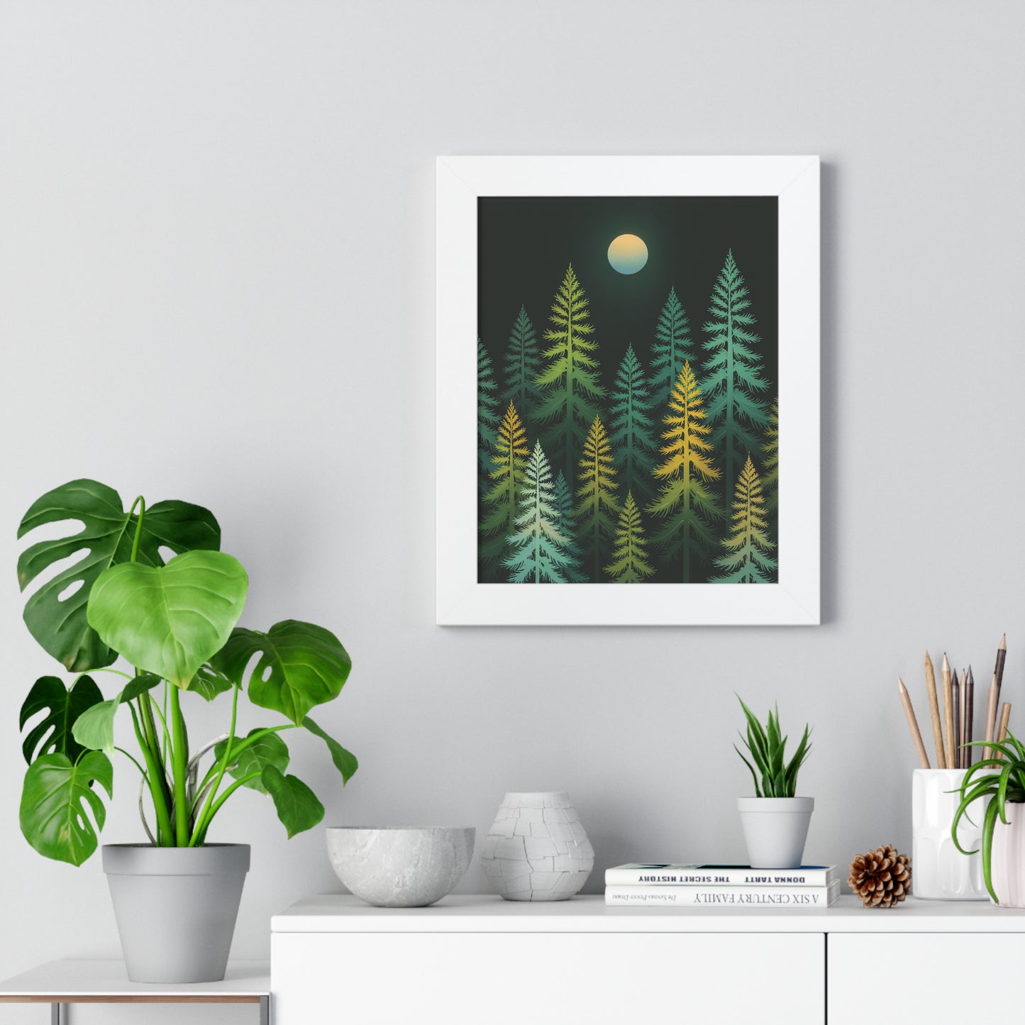 Vertical Forest Poster featuring stylized pine trees in light green, yellow, and white on a dark background, framed in either black, white, or walnut, ideal for adding nature-inspired elegance.