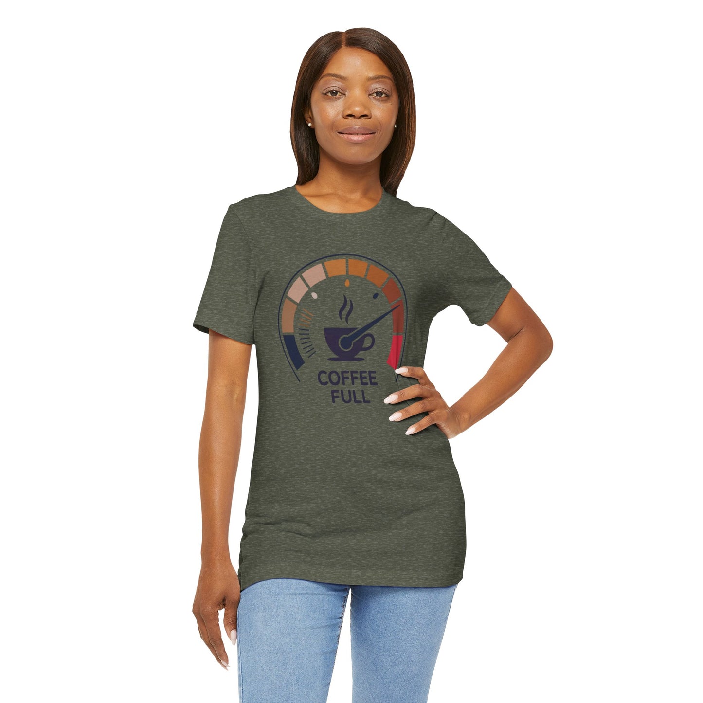Woman in a Coffee Full Bella+Canvas Unisex T-Shirt poses, showcasing the shirt's lightweight, retail fit with a crew neckline, ideal for coffee enthusiasts and casual, stylish wear.