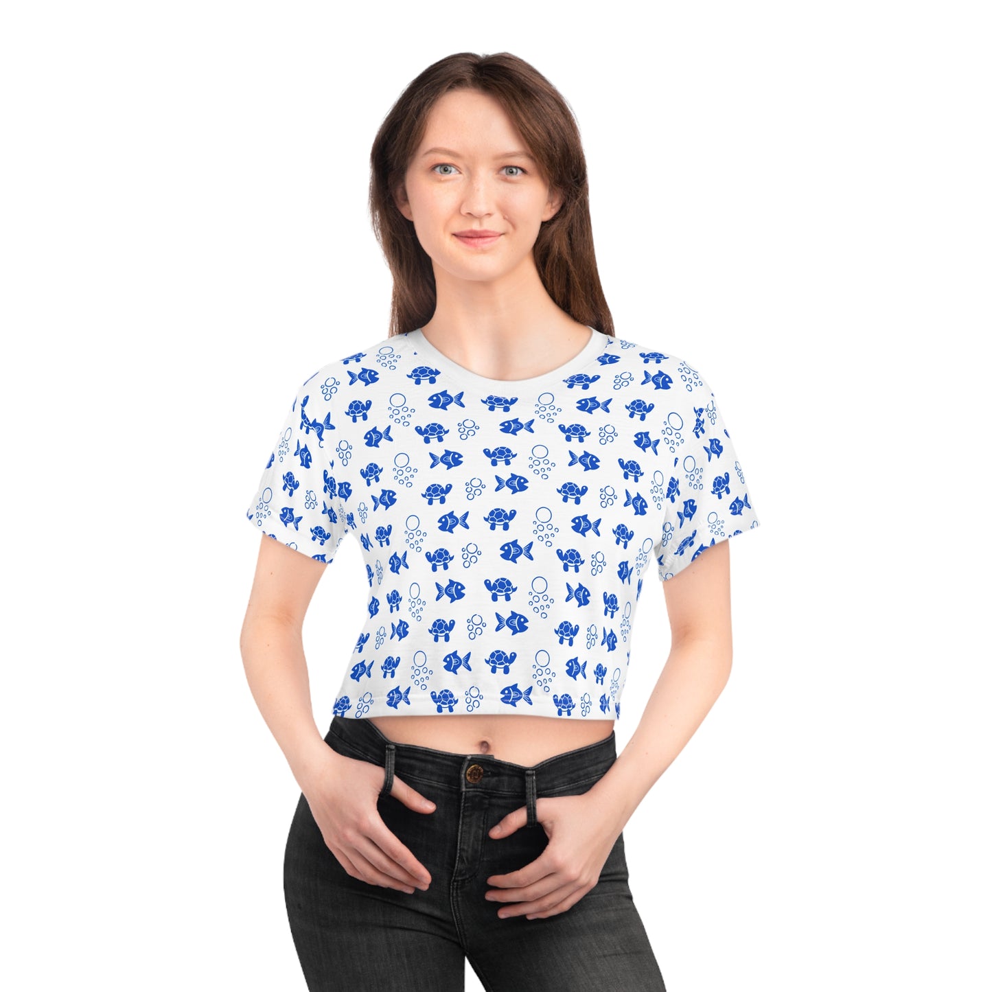 Cute Blue Fish Patterns for Summer Vibes Crop T-Shirt
