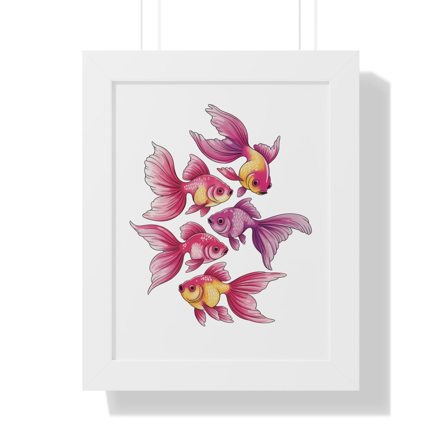 Goldfish Wall Art featuring a detailed watercolor illustration of goldfish with oversized fins, ideal for high-end decorative prints. Suitable for art enthusiasts seeking whimsical, vibrant decor for their space.