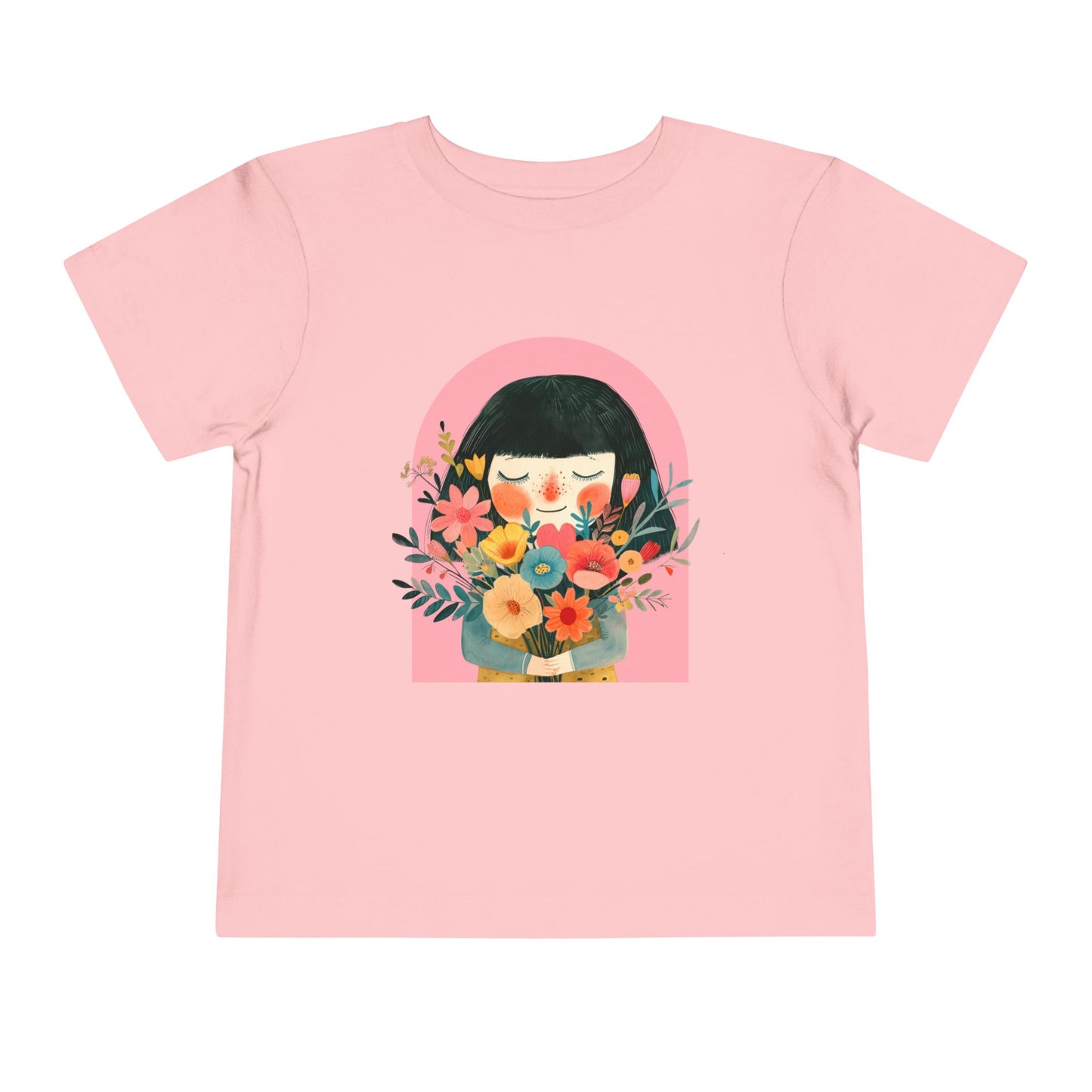 Flower Child Toddler T-Shirt featuring a whimsical illustration of a girl holding flowers, embodying a playful spirit. Ideal for toddlers, this tee combines comfort and style, perfect for joyful outings.