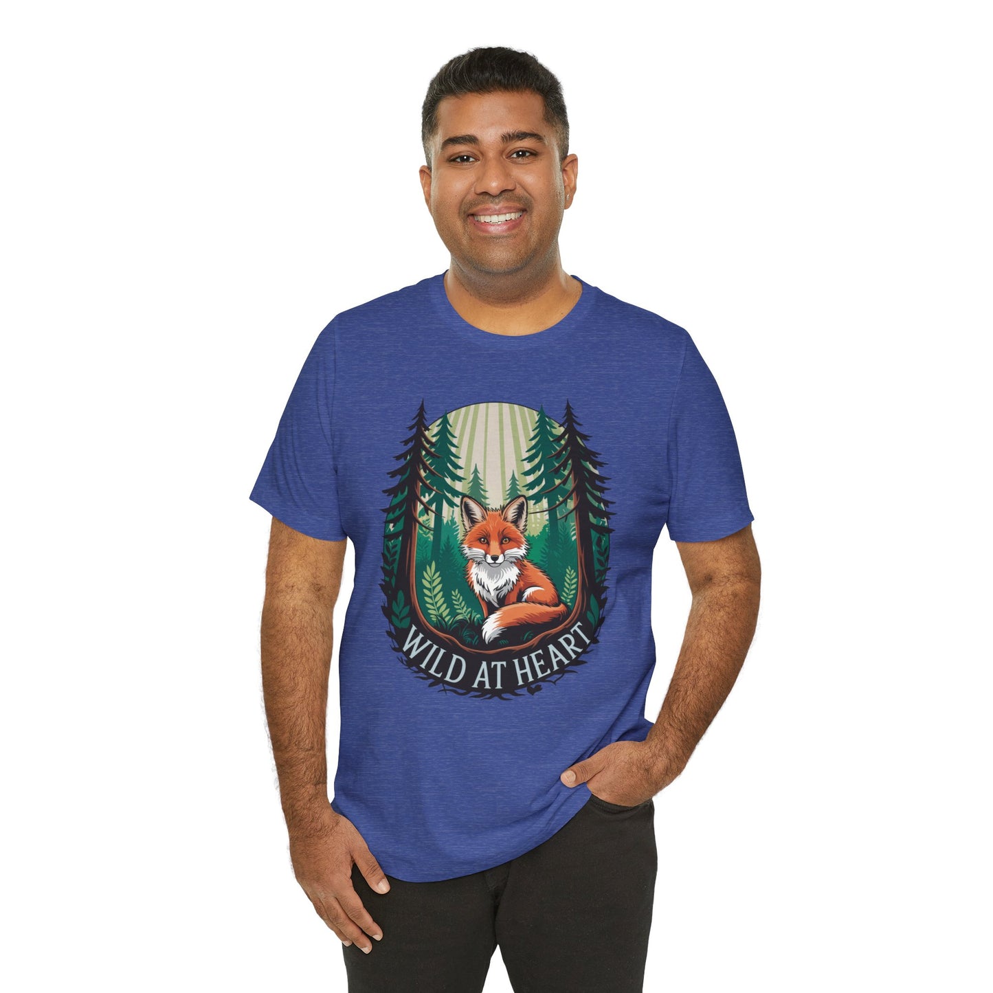 Wild at Heart Fox Illustration Bella+Canvas Unisex T-Shirt features a detailed fox design, worn by a man with hands in pockets, capturing casual, nature-inspired style.