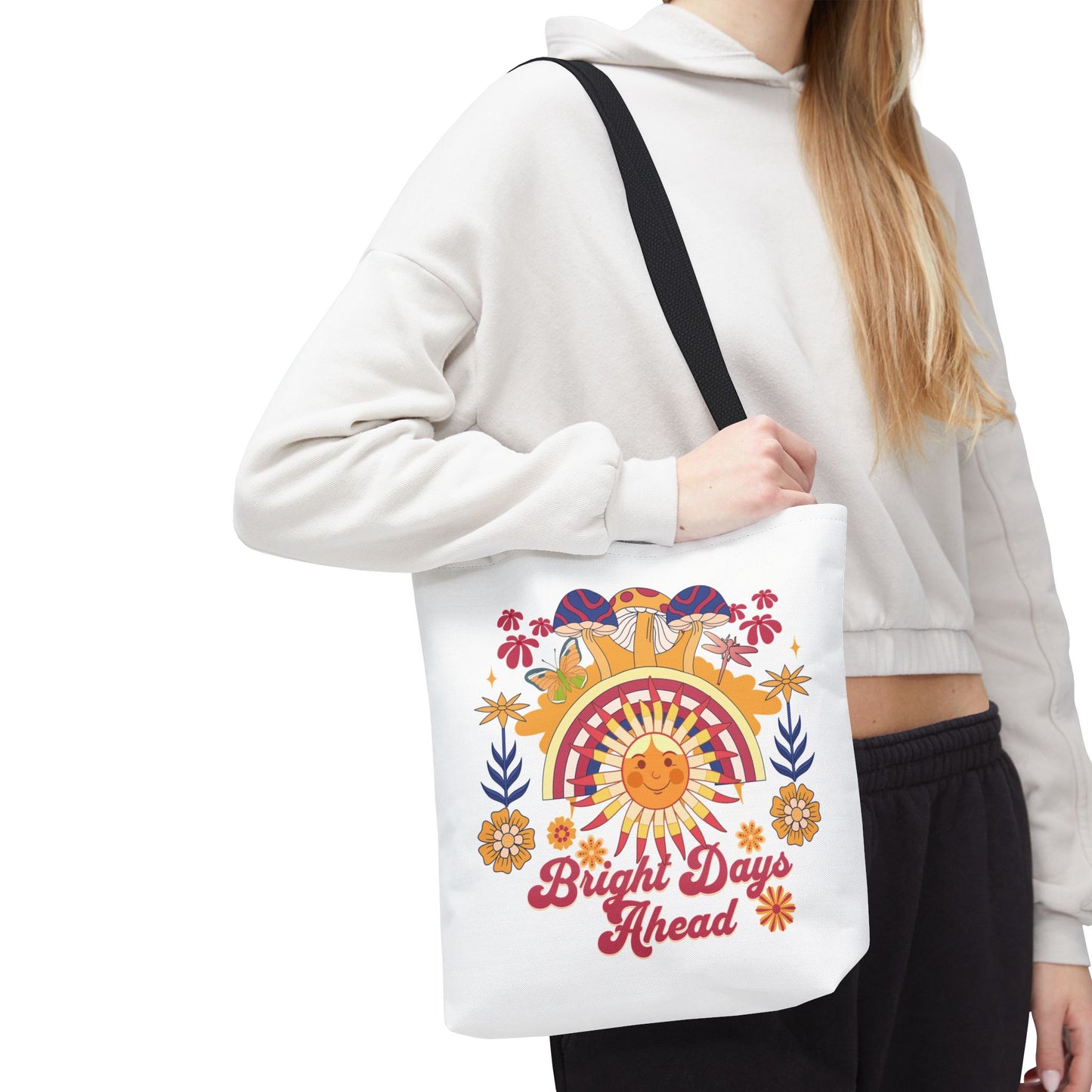 Bright Days Ahead Sunshine Floral Tote Bag featuring vibrant sunshine, flowers, and butterflies. Ideal for sunny outings, this durable polyester tote from FireBrook Essentials offers style and practicality for joyful adventures.