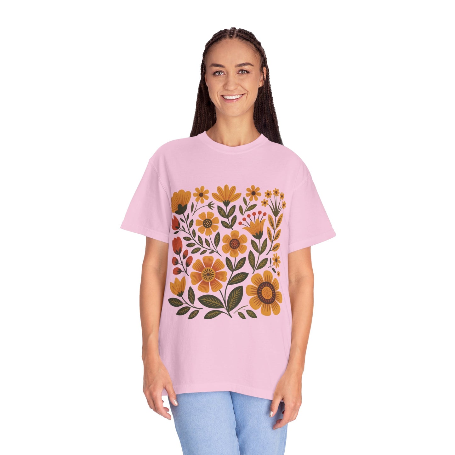 Folk Art in Warm Yellows Floral T-Shirt, showcasing an artistic floral design inspired by traditional embroidery, ideal for casual wear. Made from soft, high-quality cotton with a relaxed fit and crew neckline.