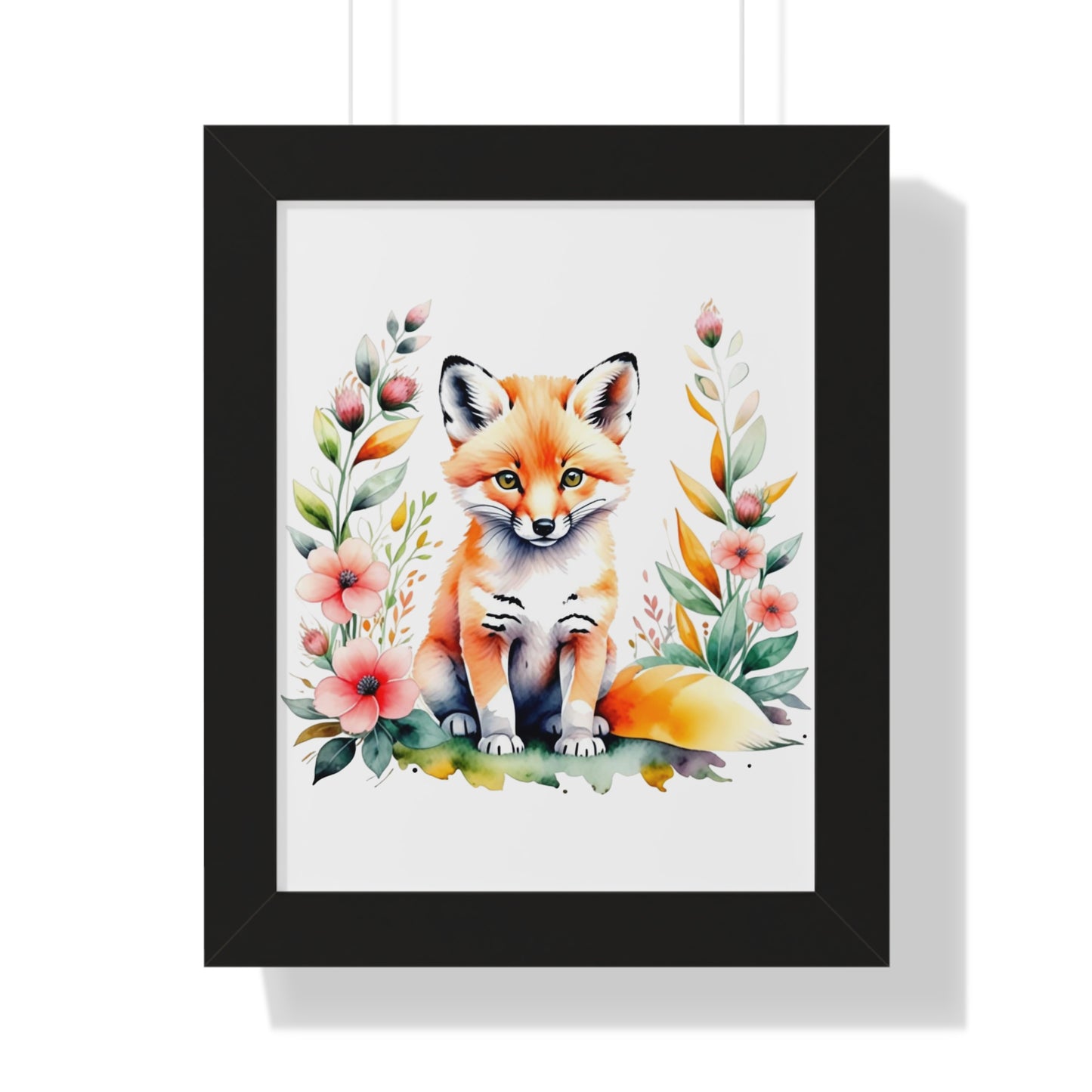 Baby Fox Wall Art featuring a whimsical watercolor illustration of a fox surrounded by flowers, perfect for nurseries. Framed for easy hanging, adding charm and joy to children's spaces.