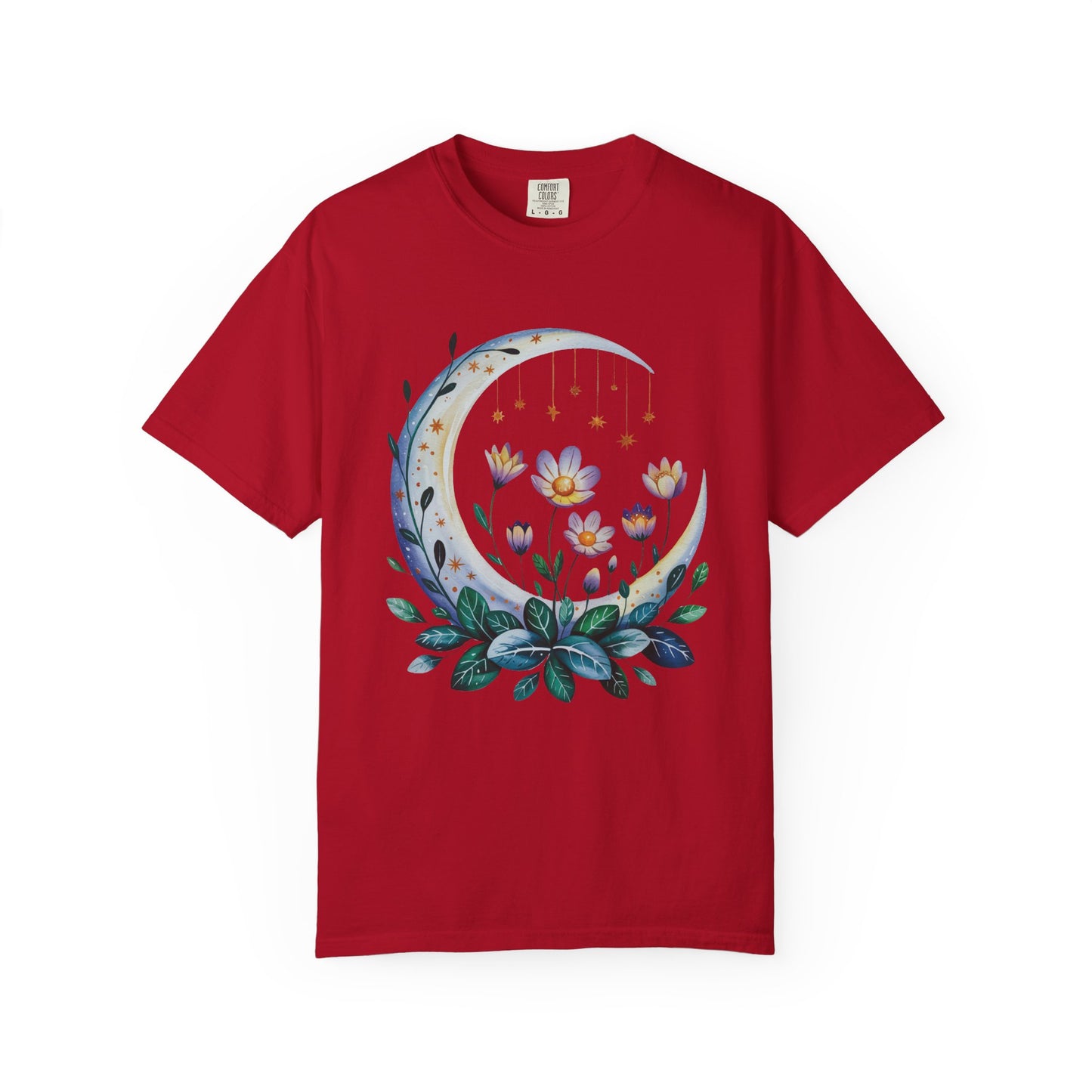 Crescent Moon Floral T-Shirt with a relaxed fit and crew neckline, featuring a dreamy bohemian design. Perfect for casual wear or gatherings, embodying FireBrook Essentials' uplifting and joyful style.