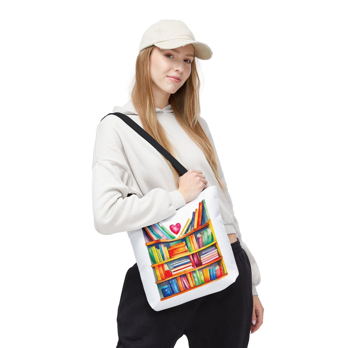 Books Tote Bag - 100% Spun Polyester, shown with a woman holding it, featuring a book design, ideal for book lovers and everyday use.