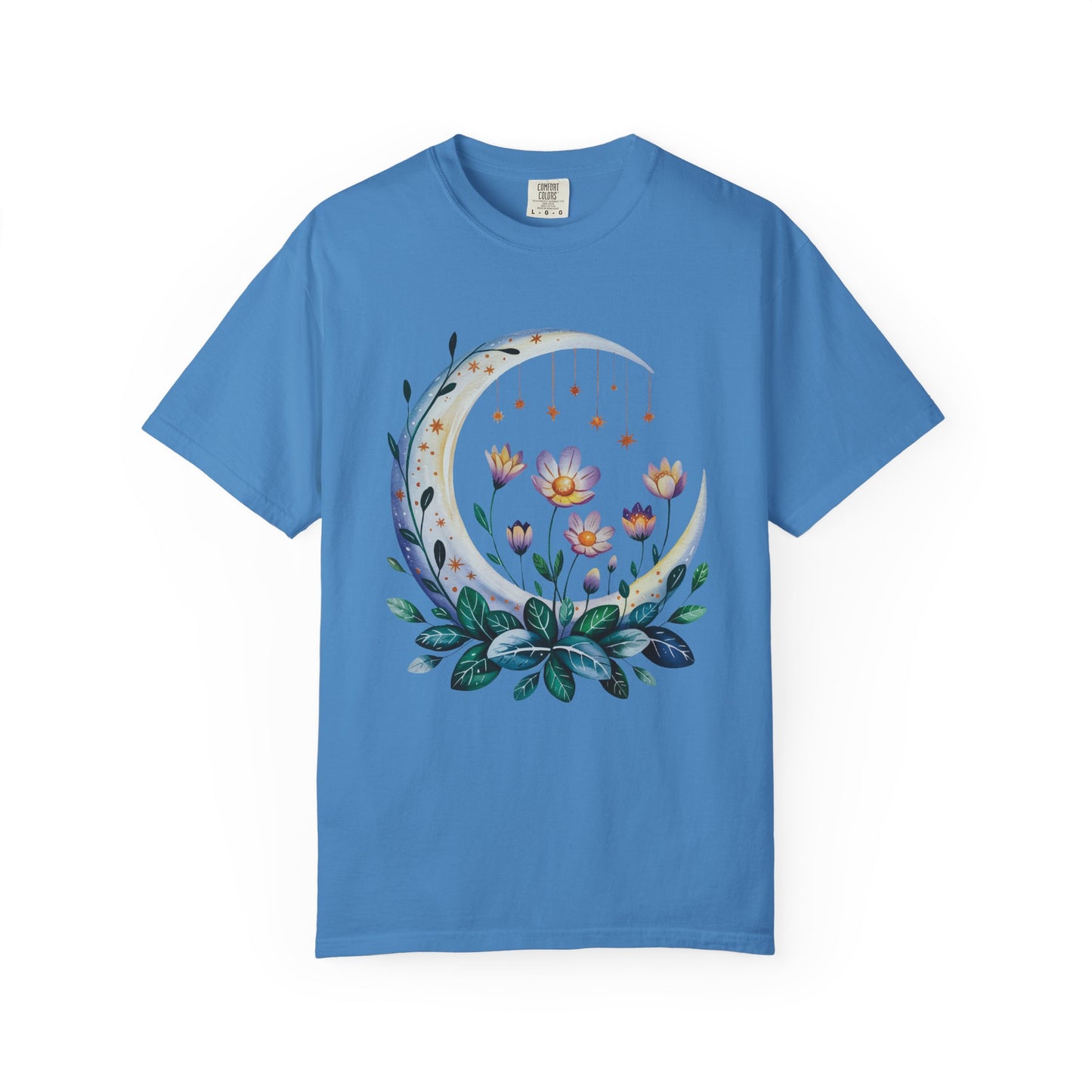 Crescent Moon Floral T-Shirt with bohemian design, featuring durable double-needle stitching and relaxed fit, embodies FireBrook Essentials' commitment to comfort and style, perfect for casual or special occasions.