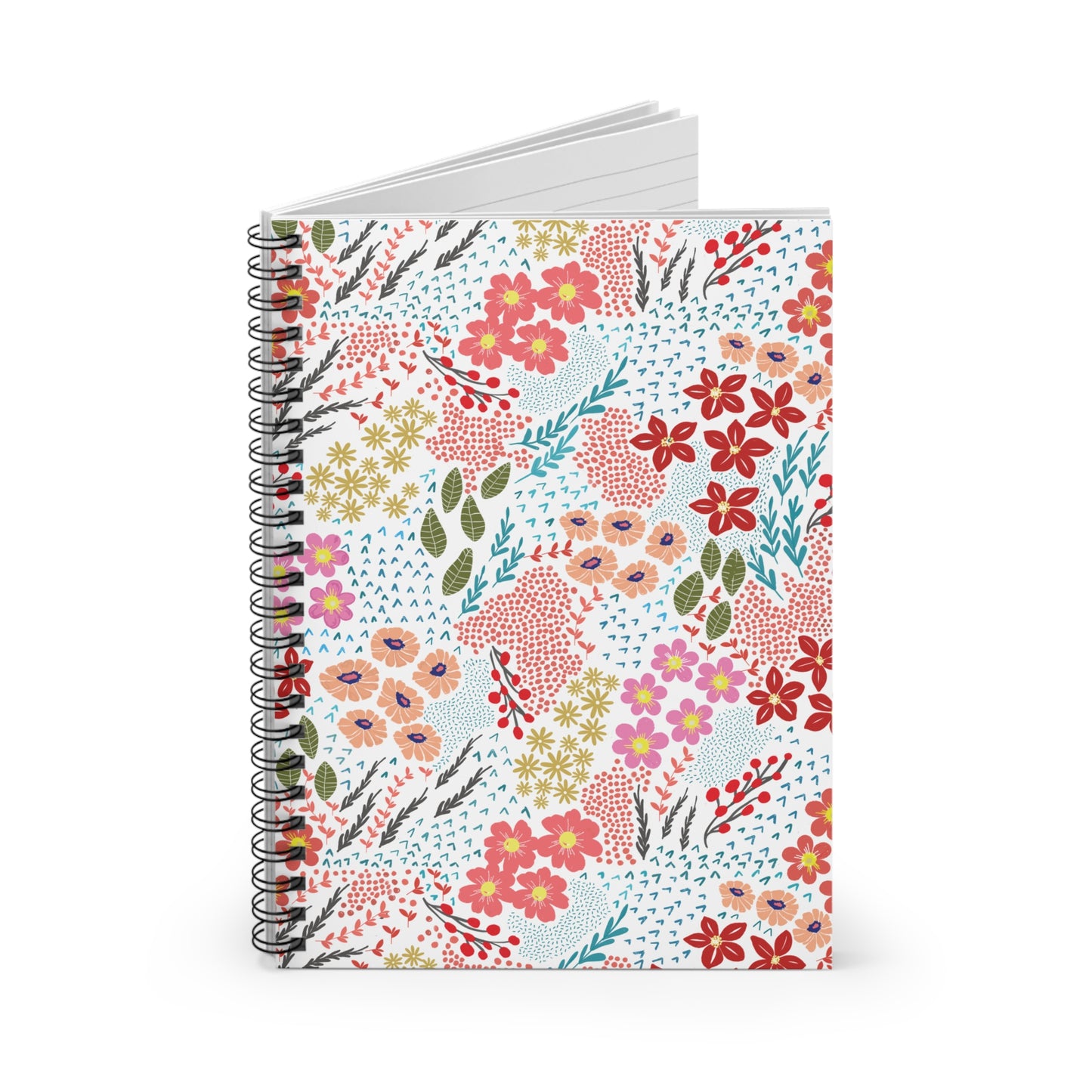 Floral Spiral Notebook with bright hand-drawn blooms and sleek metal binding, ideal for jotting notes or sketching, reflecting FireBrook Designs' joyful, uplifting aesthetic. Pages are blank, ready to inspire creativity.