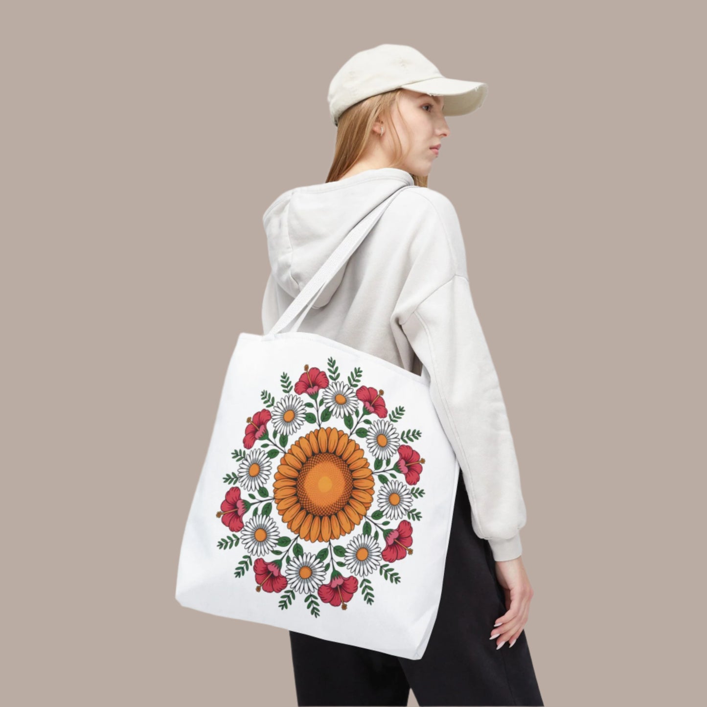 Mandala Design with Sunflowers, Daisies, and Hibiscus Tote Bag featuring a detailed floral pattern, ideal for summer outings and festivals. Durable polyester with reinforced handles, perfect for carrying essentials.