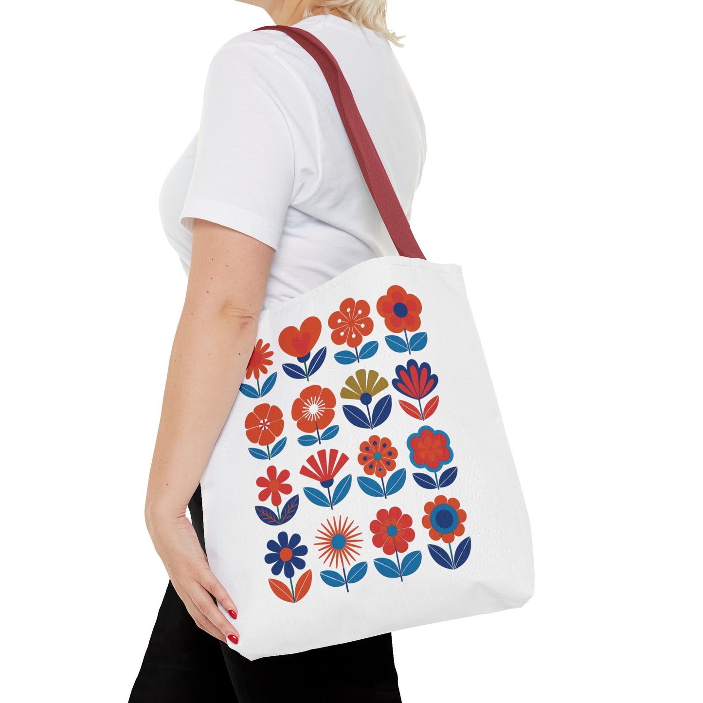 Floral Tote Bag with mid-century modern floral design, showcasing reinforced stitching and boxed corners, perfect for fashion-forward individuals to carry essentials. Available in multiple sizes from FireBrook Essentials.